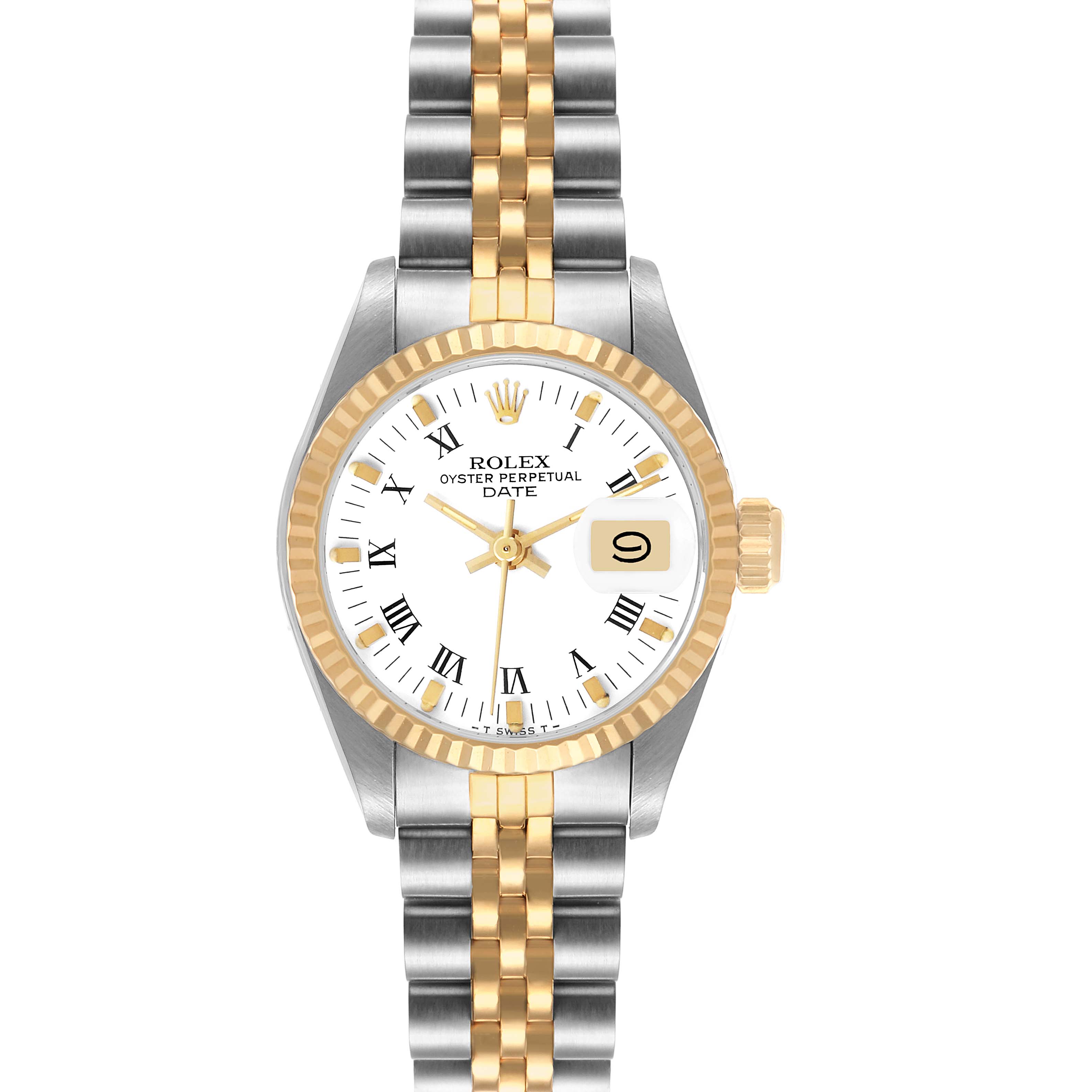 The Rolex Datejust 69173 Women's Steel and Gold (two tone) White Dial watch is shown from a top view, displaying the face, bezel, case, and two-tone bracelet.