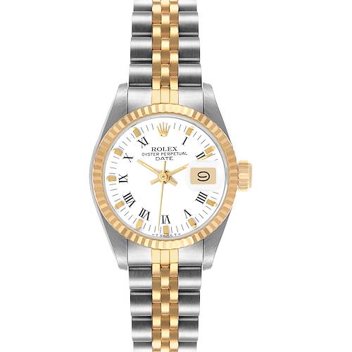 The Rolex Datejust 69173 Women's Steel and Gold (two tone) White Dial watch is shown from the front, highlighting its white dial, gold and silver bracelet, and fluted bezel.