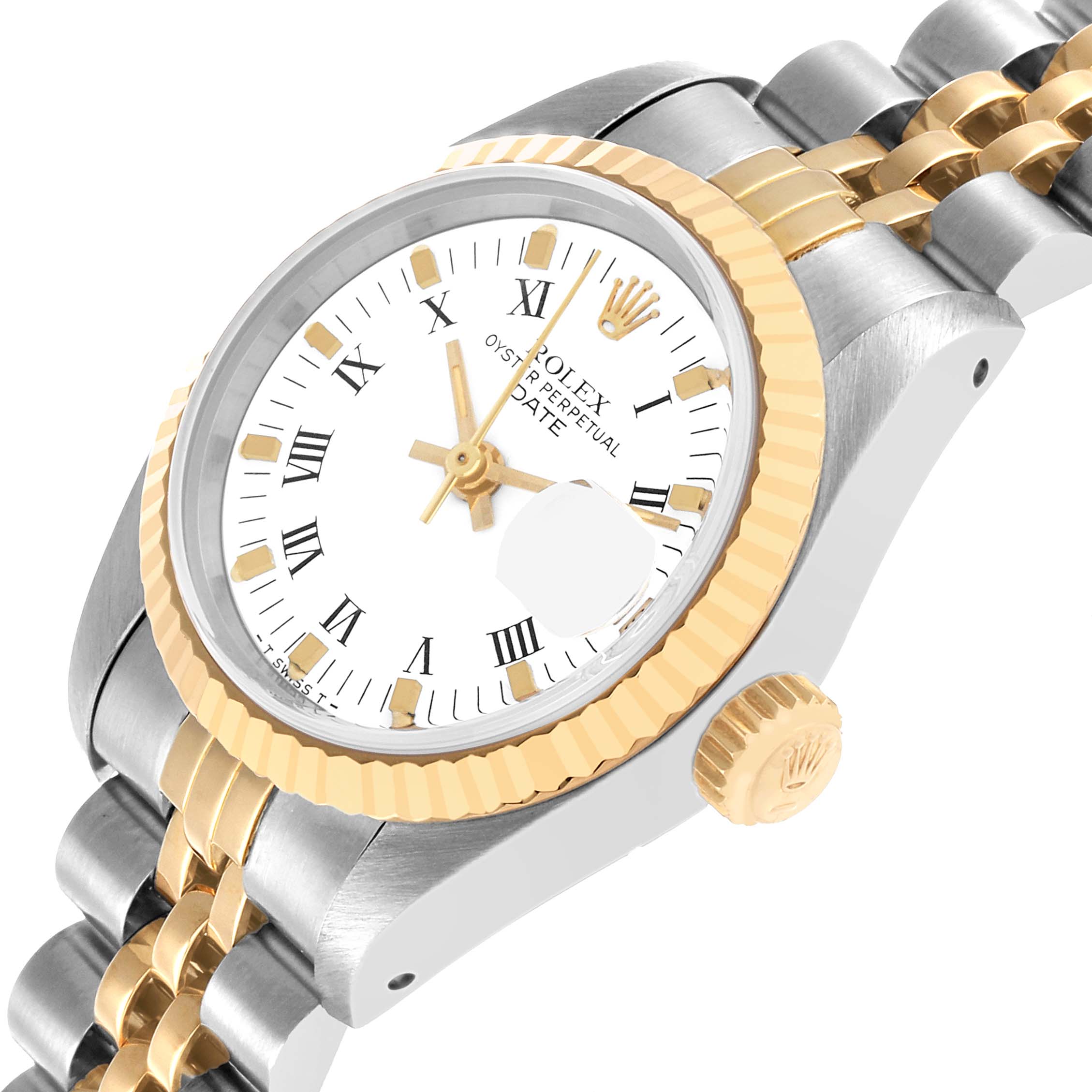 The Rolex Datejust 69173 Women's Steel and Gold (two tone) White Dial watch is shown at an angled side view, displaying its fluted bezel, dial, crown, and two-tone bracelet.