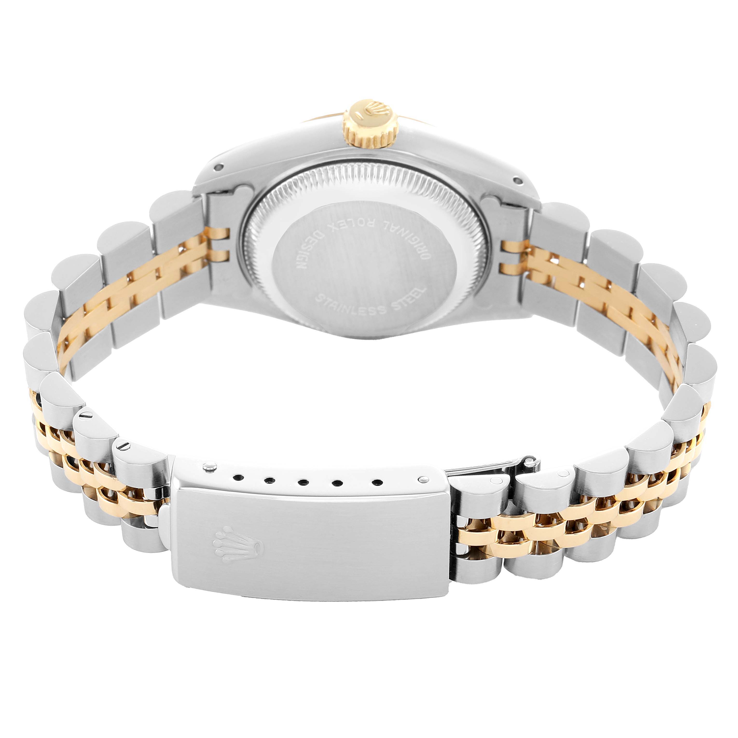 The image shows the back of a Rolex Datejust 69173 Women's Steel and Gold (two tone) White Dial watch, highlighting the clasp, bracelet, and case back.