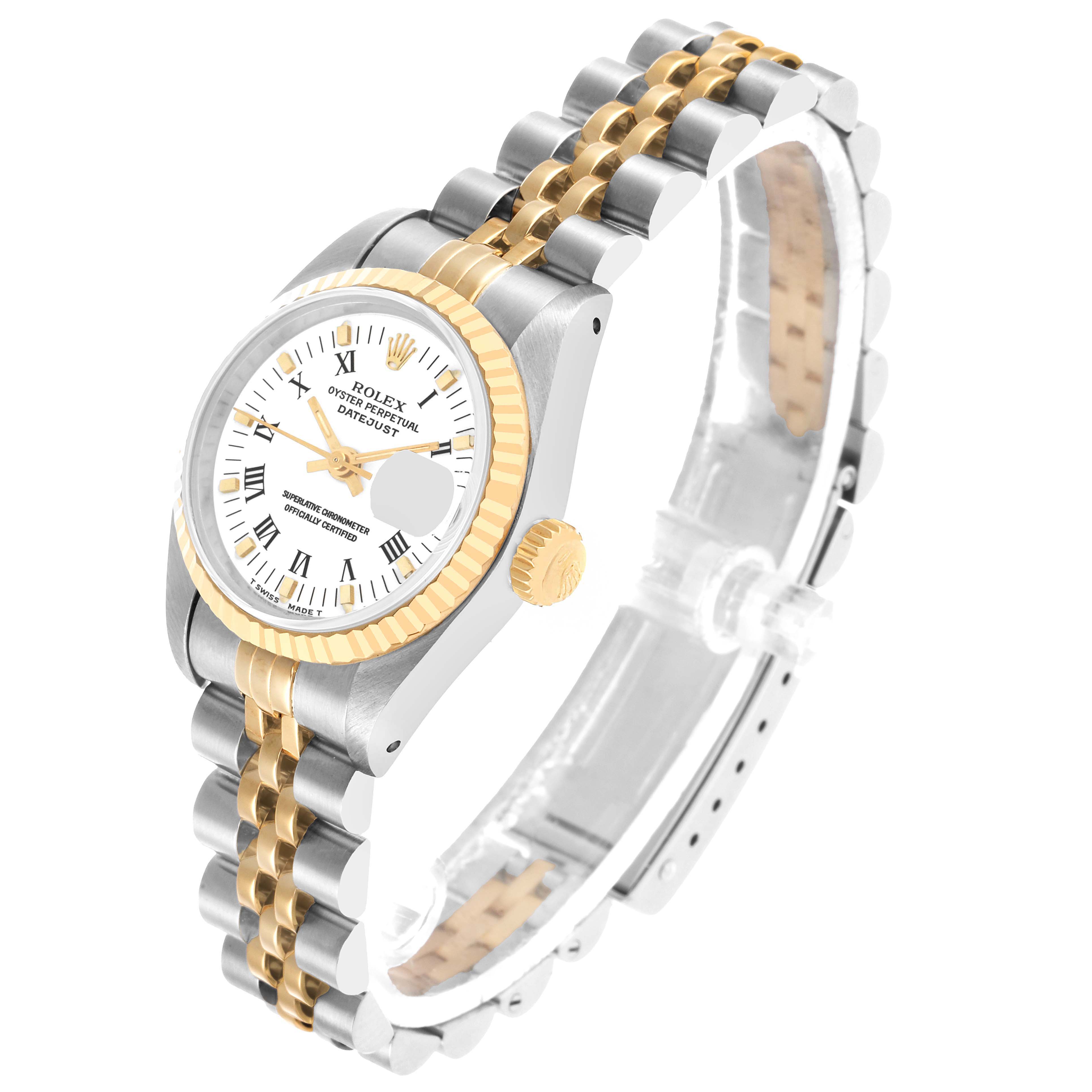 The Rolex Datejust 69173 Women's Steel and Gold (two tone) White Dial watch is shown at a three-quarter angle, displaying the dial, bezel, crown, and bracelet.