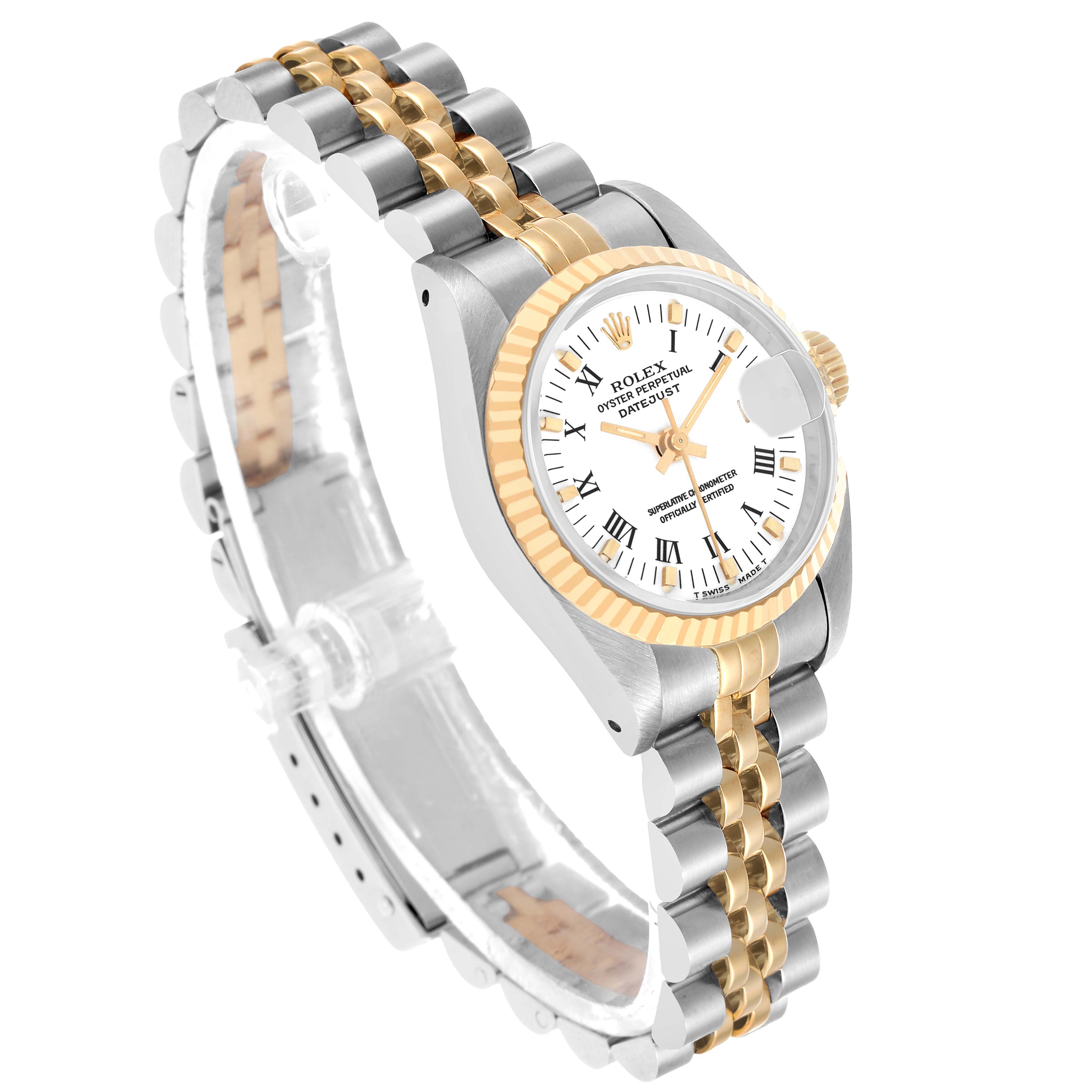 The Rolex Datejust 69173 Women's Steel and Gold (two tone) White Dial watch is shown at a three-quarter angle, displaying the dial, bezel, crown, and part of the bracelet.