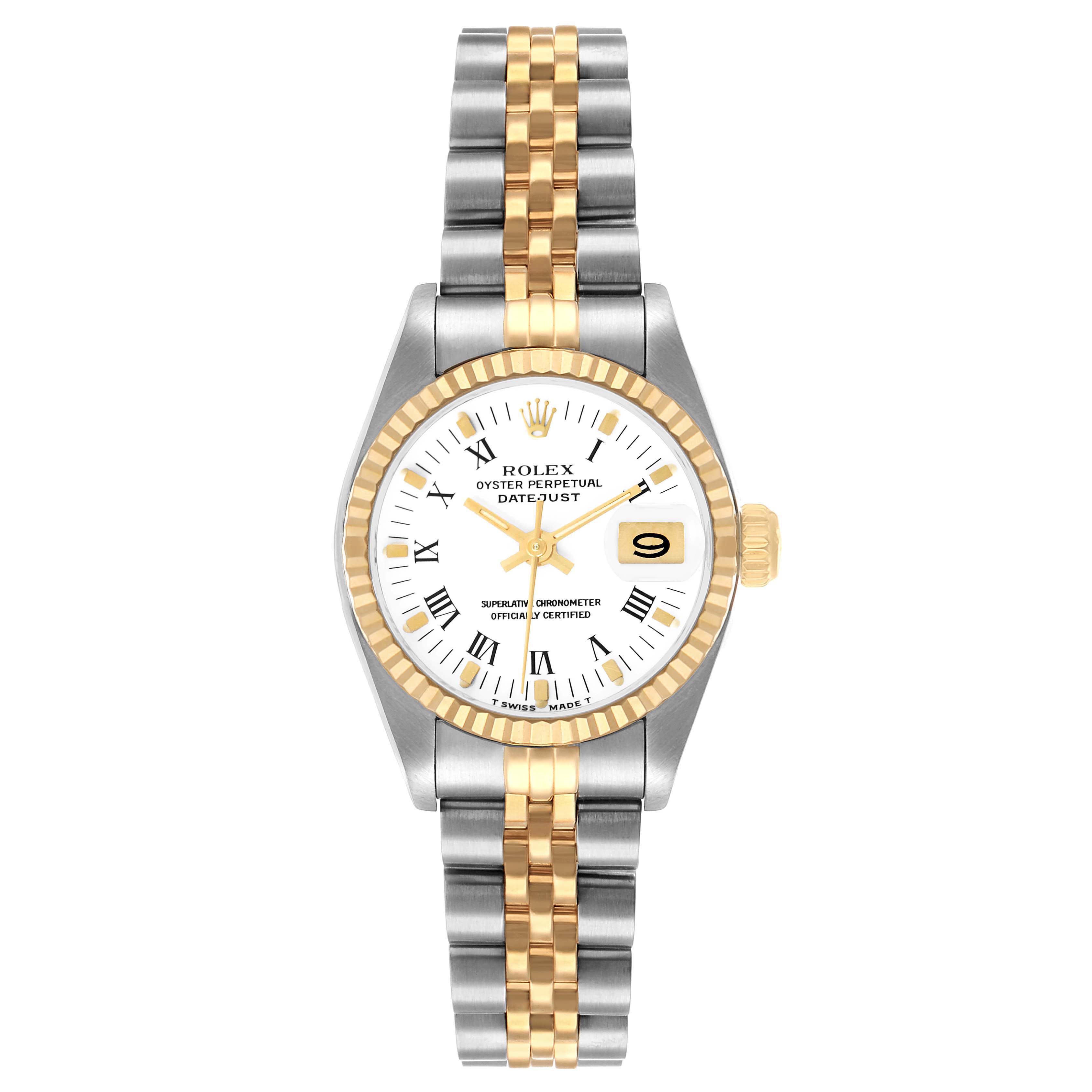 The Rolex Datejust 69173 Women's Steel and Gold (two tone) White Dial watch is shown from a top-down angle, displaying its bezel, dial, and two-tone bracelet.