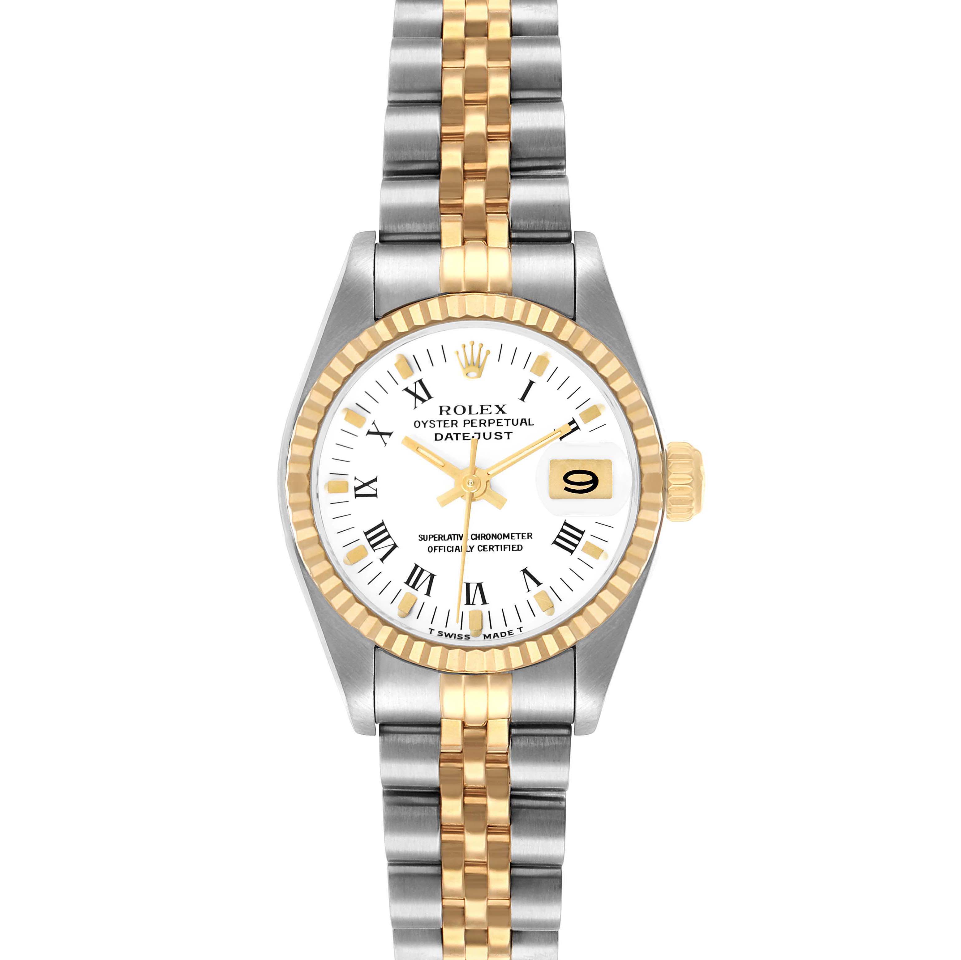 The Rolex Datejust 69173 Women's Steel and Gold (two tone) White Dial watch is shown from a top-down angle, showcasing its face, bezel, crown, and bracelet.
