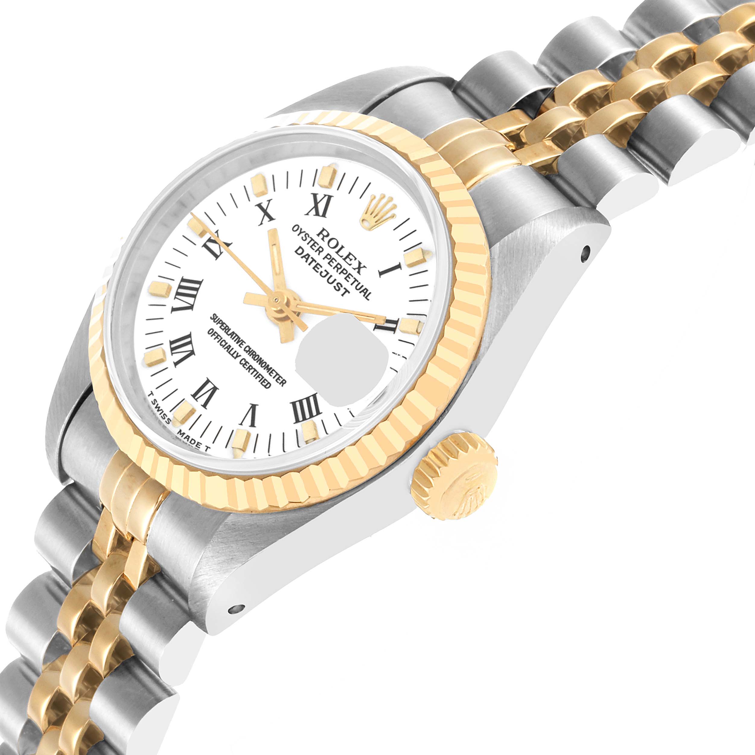 The Rolex Datejust 69173 Women's Steel and Gold (two tone) White Dial is shown from a high-angle side view, highlighting the bezel, crown, and bracelet.