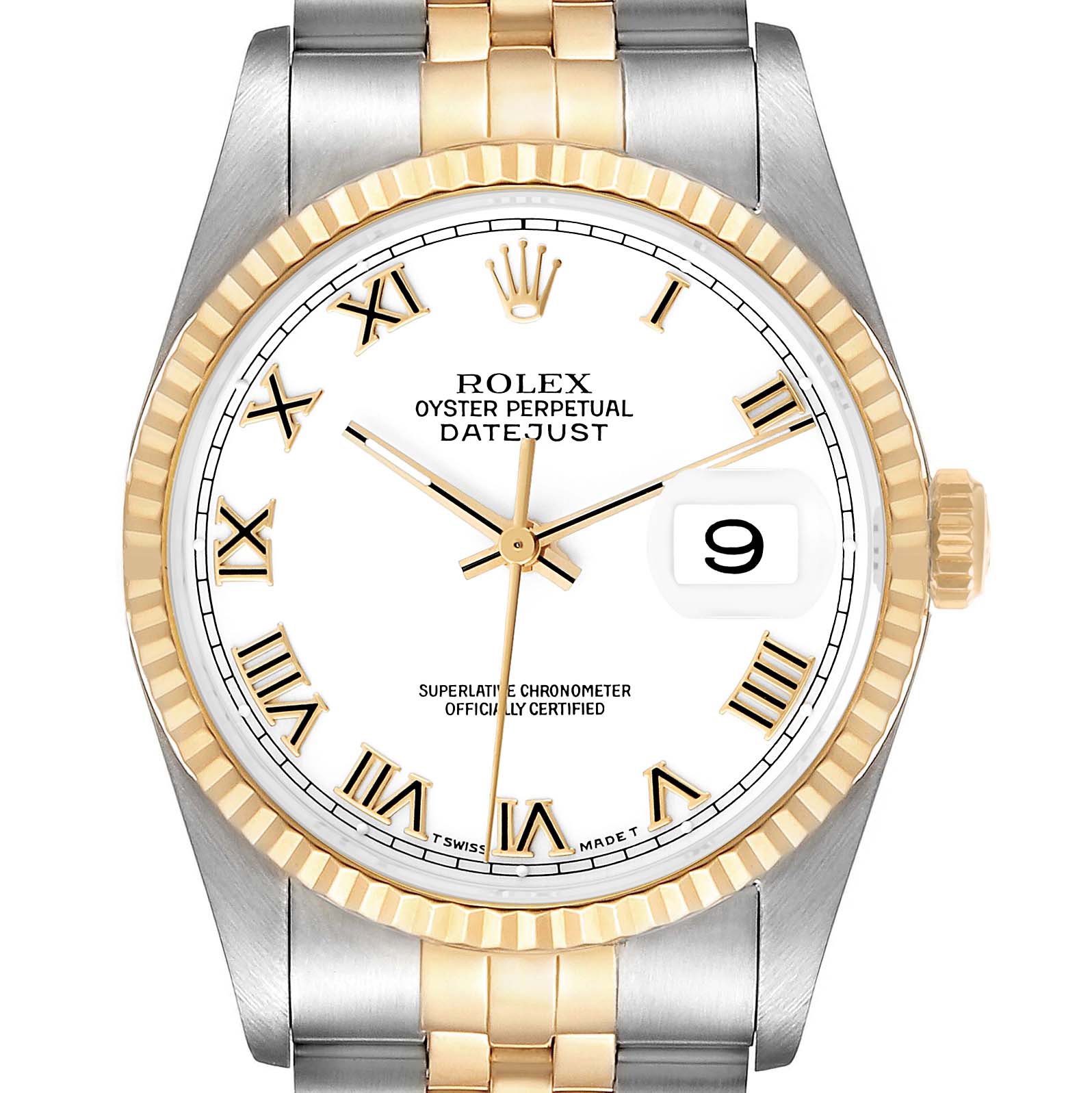 The Rolex Datejust 16233 Men's Steel and Gold (two tone) White Dial watch is shown from a front angle, displaying the face, bezel, crown, and part of the bracelet.