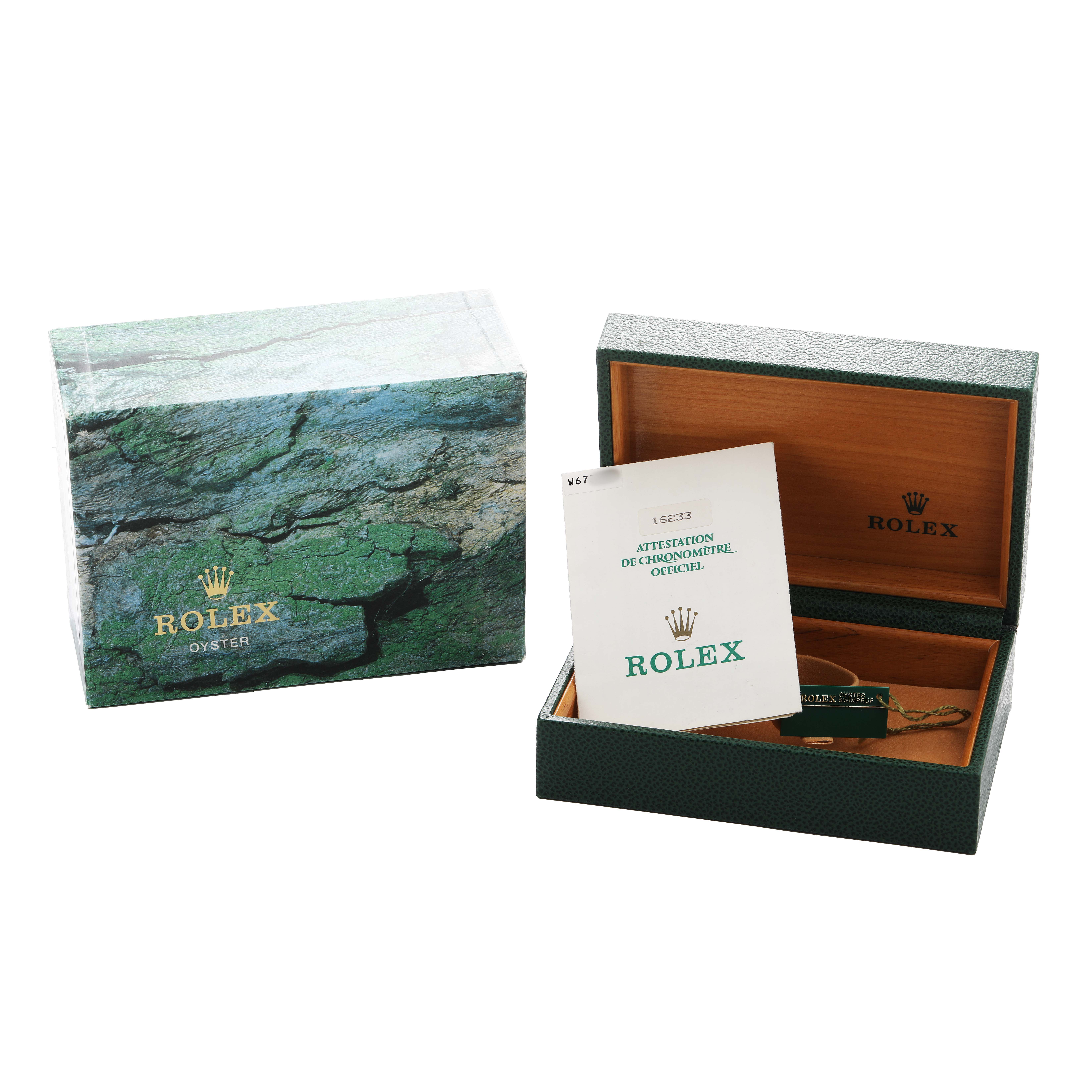 The image shows a Rolex Datejust 16233 Men's Steel and Gold (two tone) White Dial box and accessories at an angle displaying both the closed outer box and open inner box with documents.