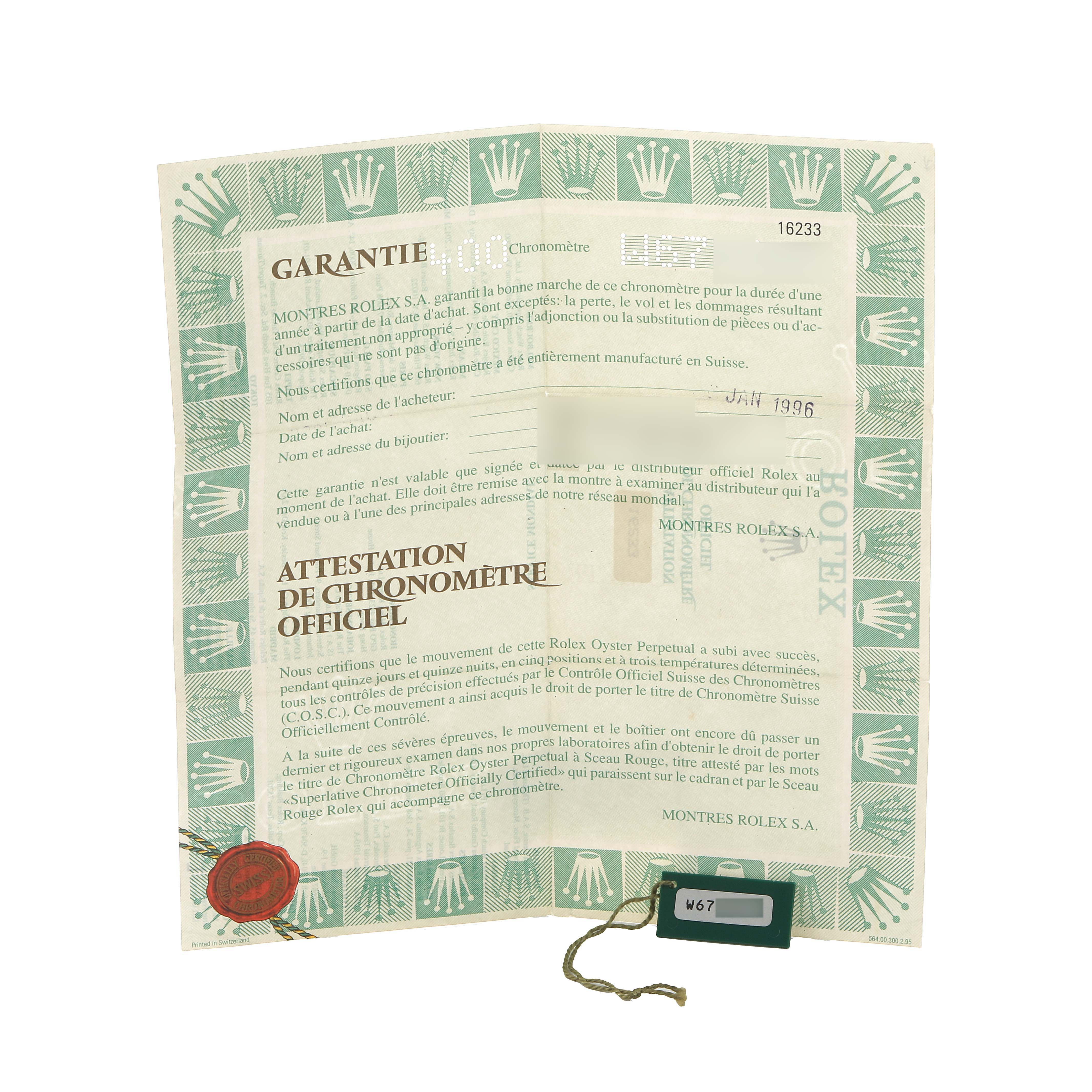 The image shows a Rolex Datejust 16233 Men's Steel and Gold (two tone) White Dial warranty card and certificate, angled open with visible text and seals.