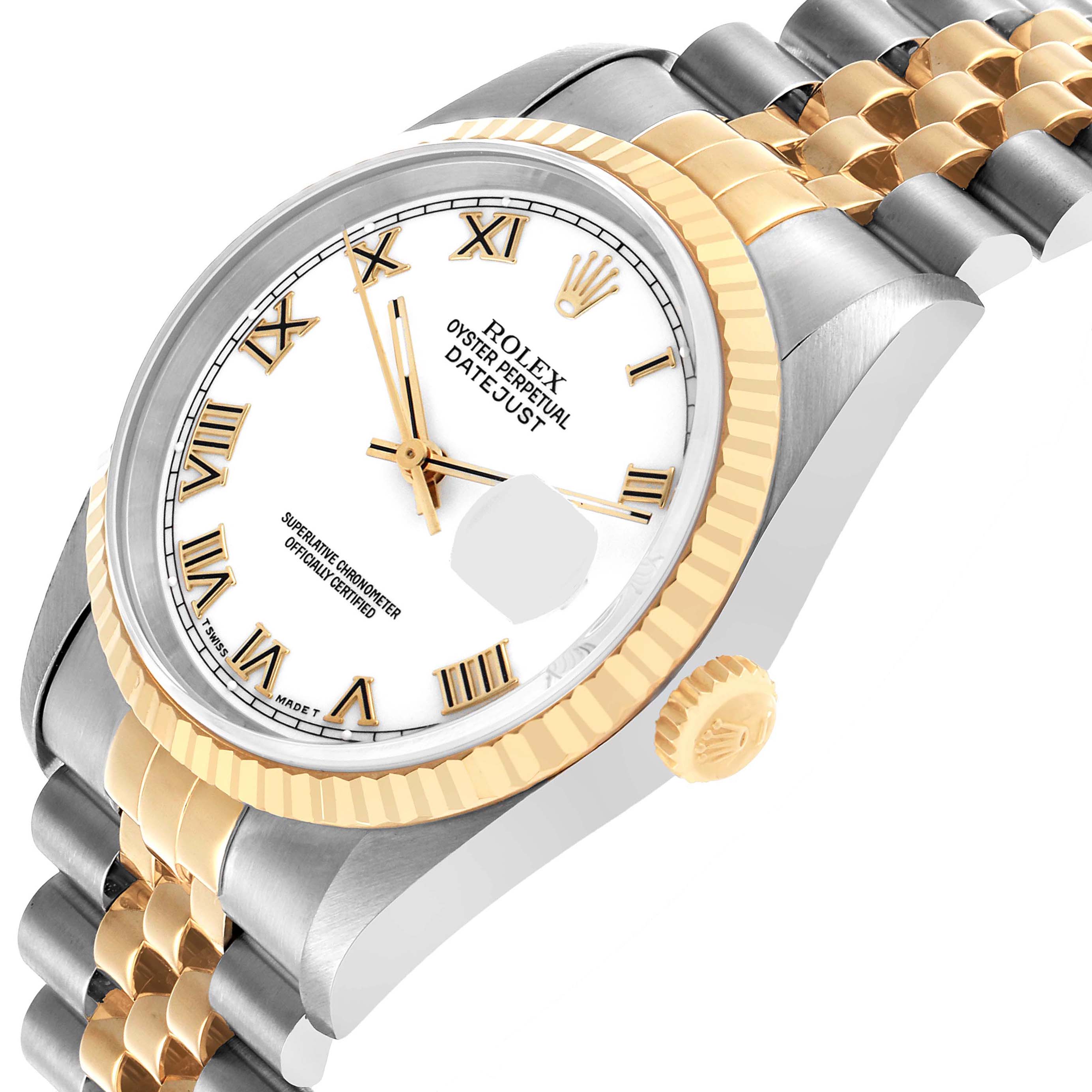 The Rolex Datejust 16233 Men's Steel and Gold (two tone) White Dial is shown at a three-quarter angle, highlighting the face, bezel, crown, and Jubilee bracelet.