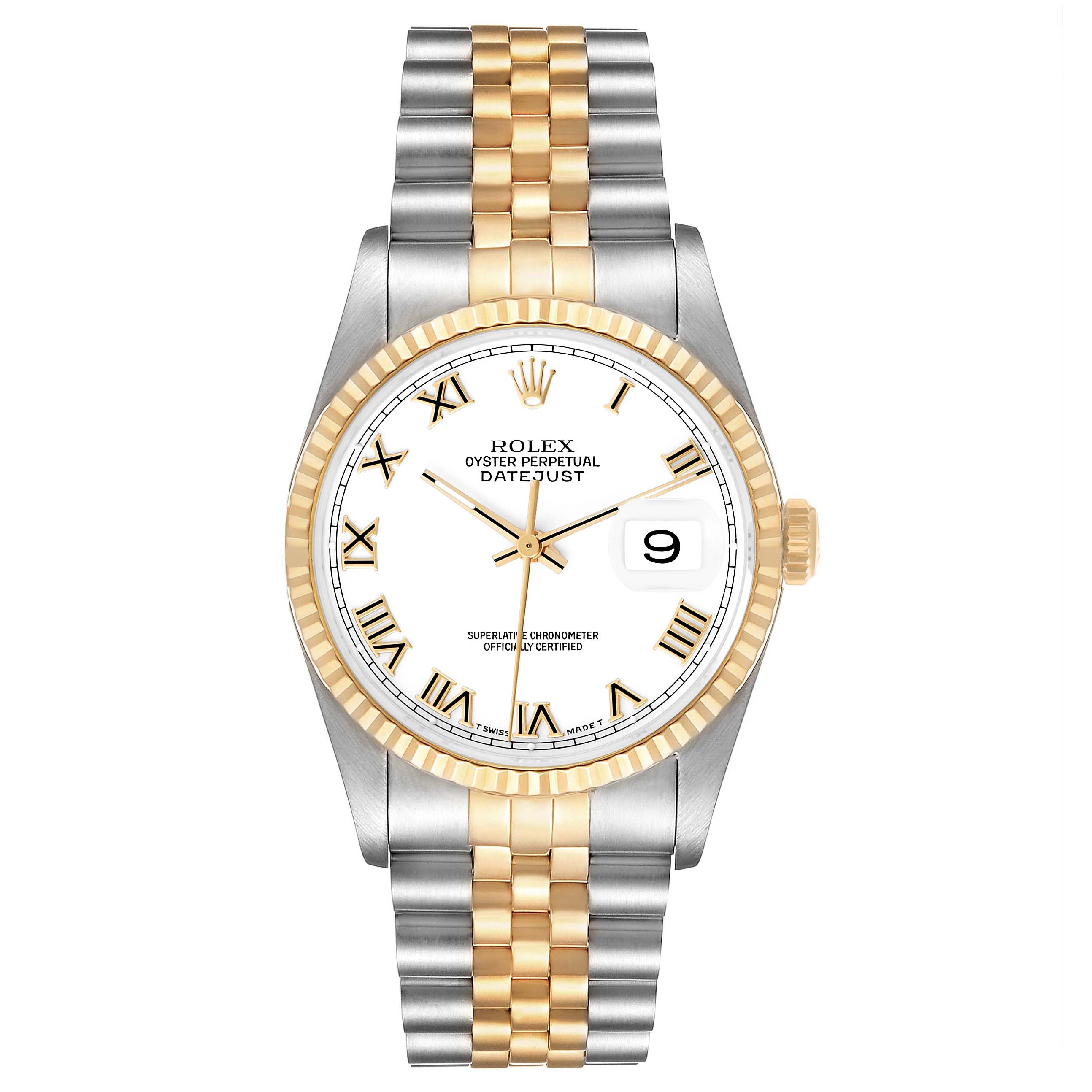 The Rolex Datejust 16233 Men's Steel and Gold (two tone) White Dial watch is shown from a top-down angle, displaying the face, bezel, and two-tone bracelet.
