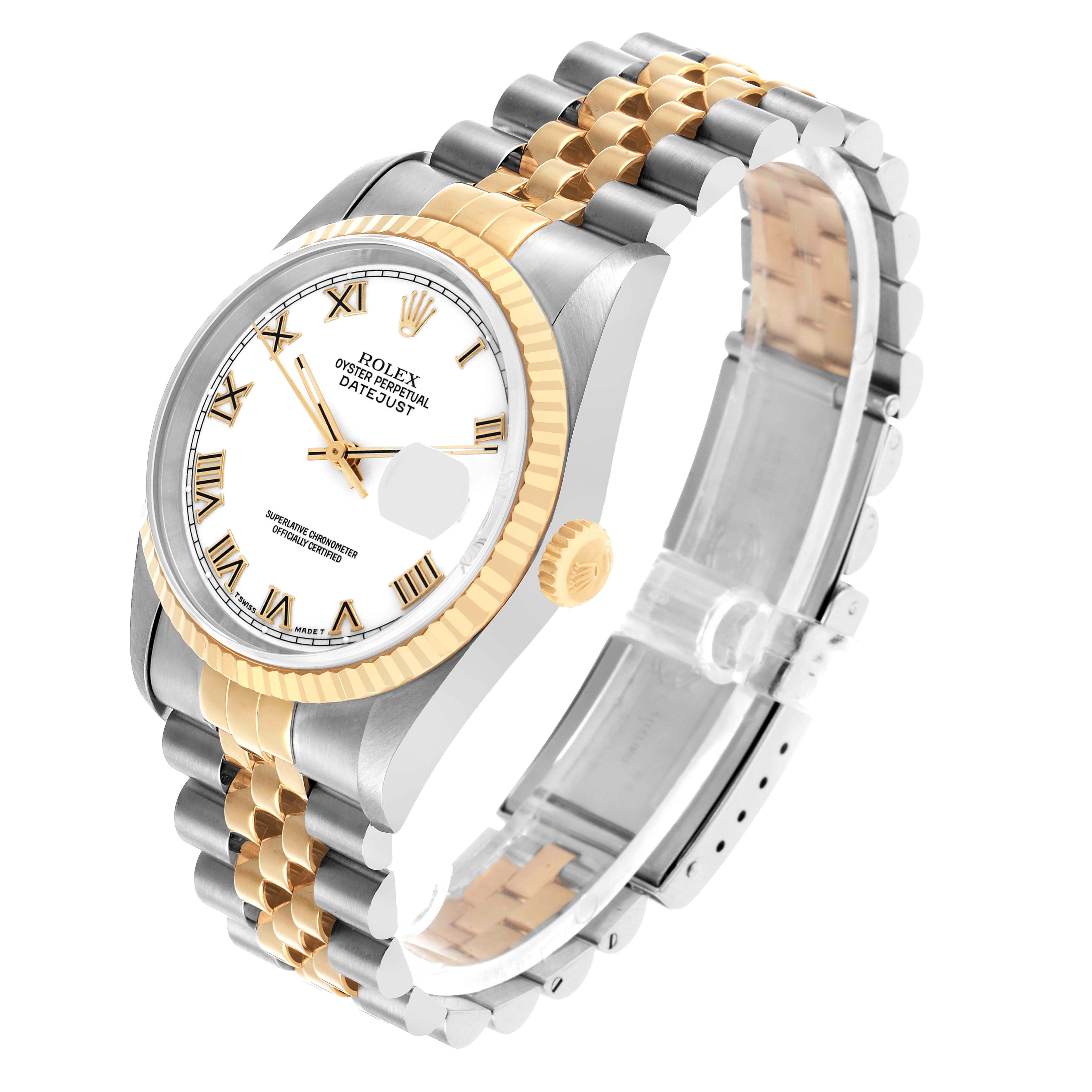 The Rolex Datejust 16233 Men's Steel and Gold (two tone) White Dial watch is shown in a three-quarter view, displaying the dial, fluted bezel, crown, and two-tone Jubilee bracelet.