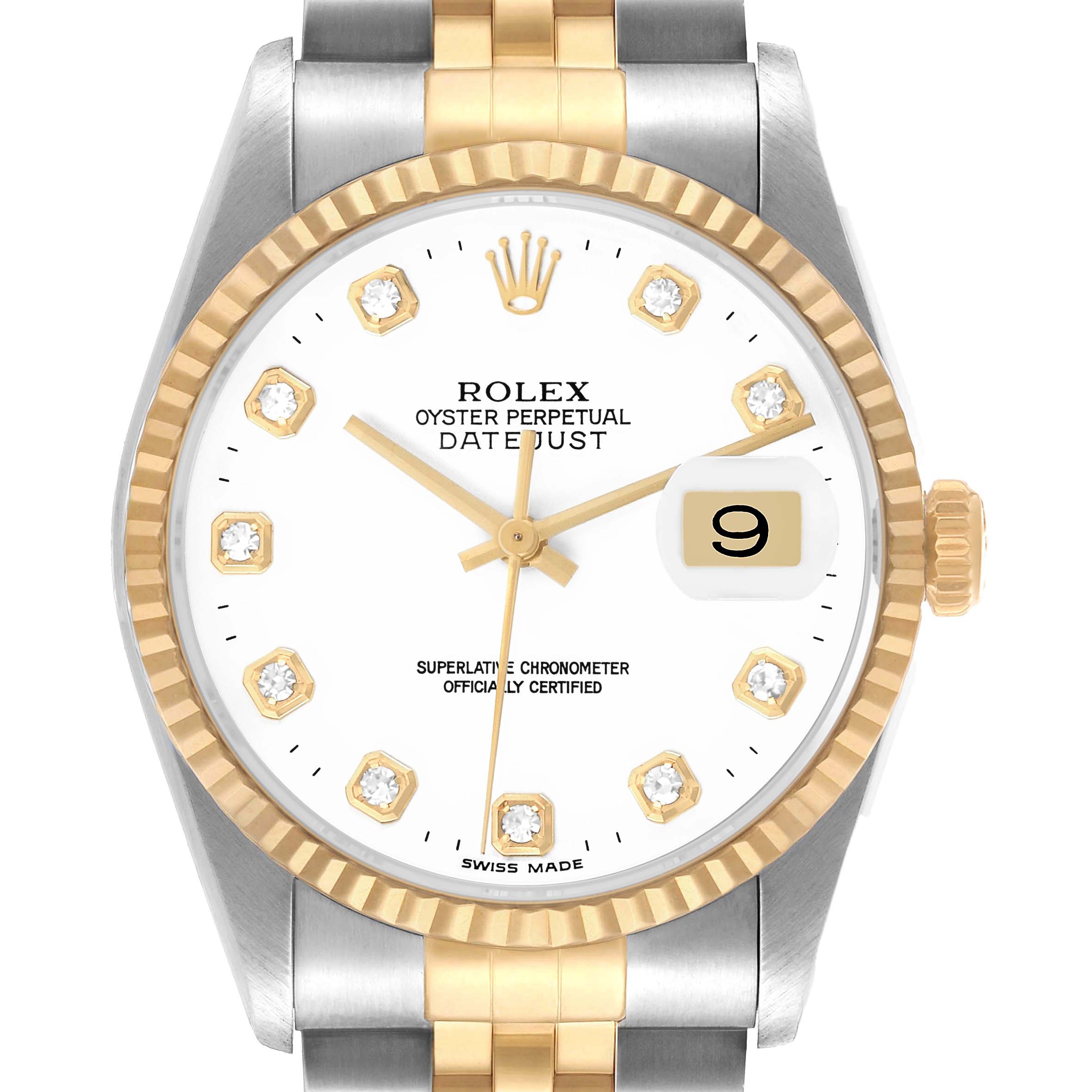 The Rolex Datejust 16233 Men's Steel and Gold (two tone) White Dial watch is shown from the front, displaying the dial, hands, bezel, and part of the bracelet.