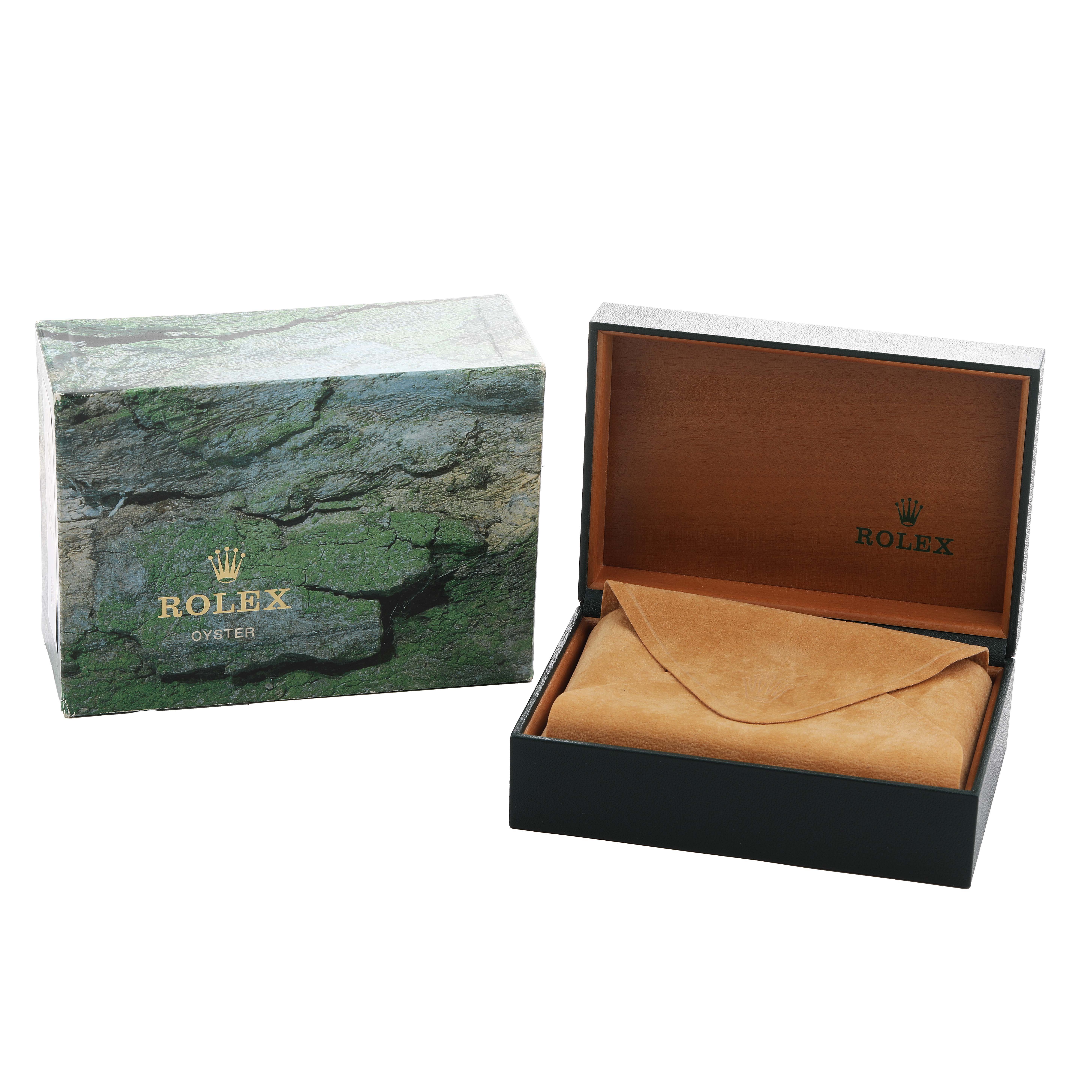 The image shows a Rolex Datejust 16233 Men's Steel and Gold (two tone) White Dial box set with an outer box featuring a green design and an open wooden inner box with a suede pouch.