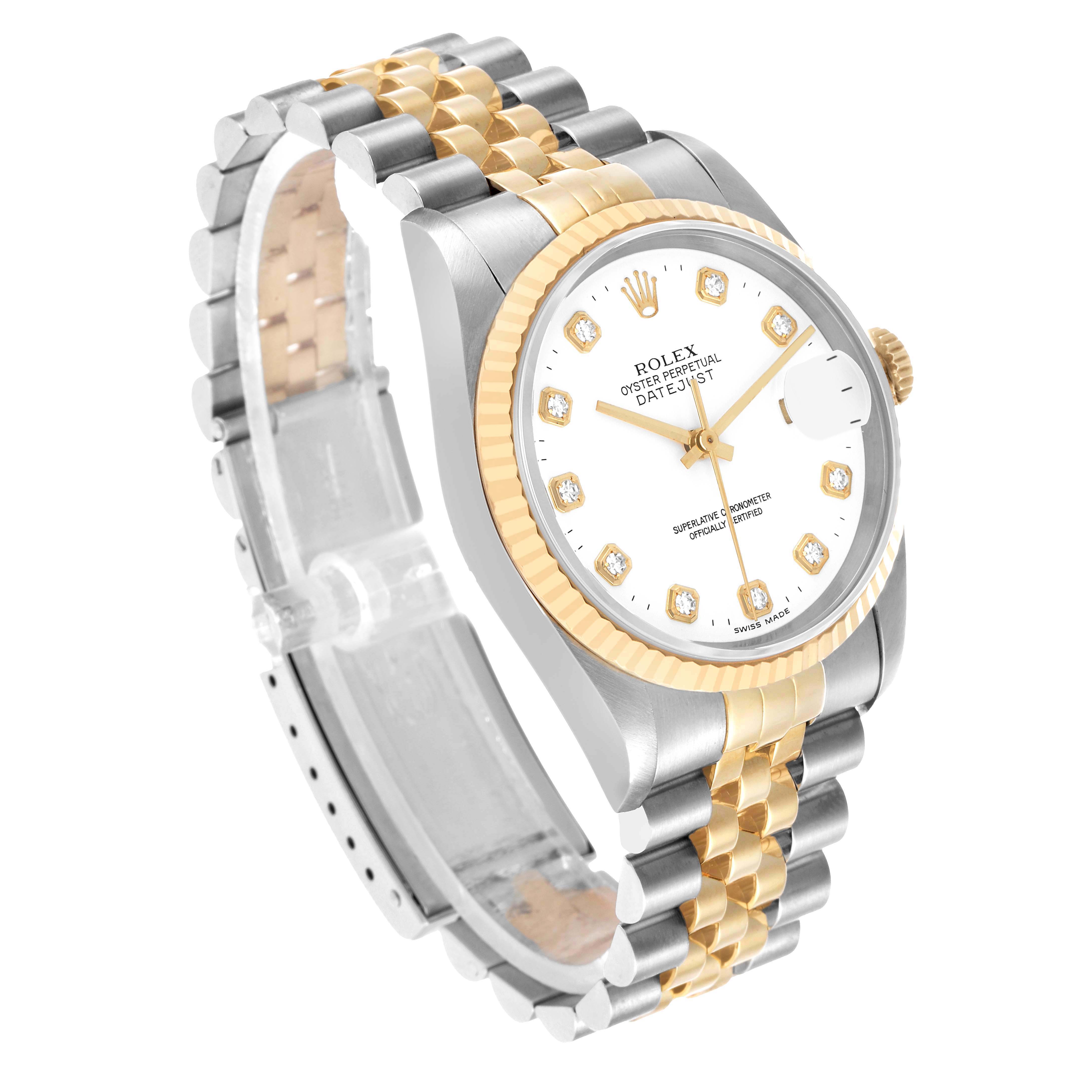 The Rolex Datejust 16233 Men's Steel and Gold (two tone) White Dial is shown at a three-quarter angle, highlighting the face, bezel, and Jubilee bracelet.