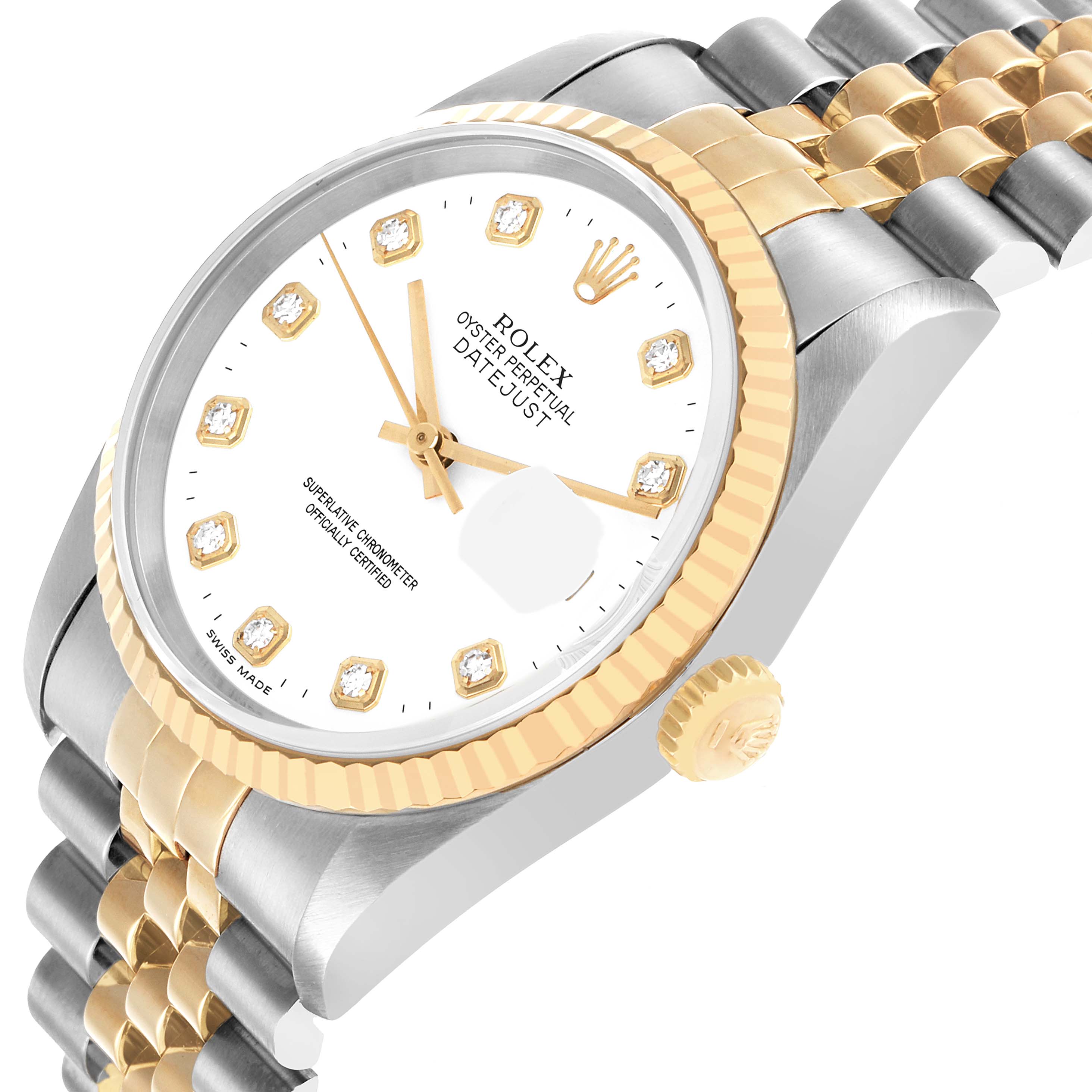 The Rolex Datejust 16233 Men's Steel and Gold (two tone) White Dial watch is shown at an angled view, highlighting the face, fluted bezel, crown, and Jubilee bracelet.