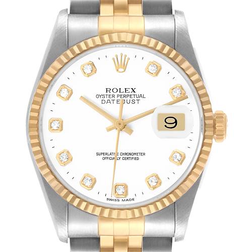 The Rolex Datejust 16233 Men's Steel and Gold (two tone) White Dial is shown from the front, displaying the face, bezel, and a portion of the bracelet.