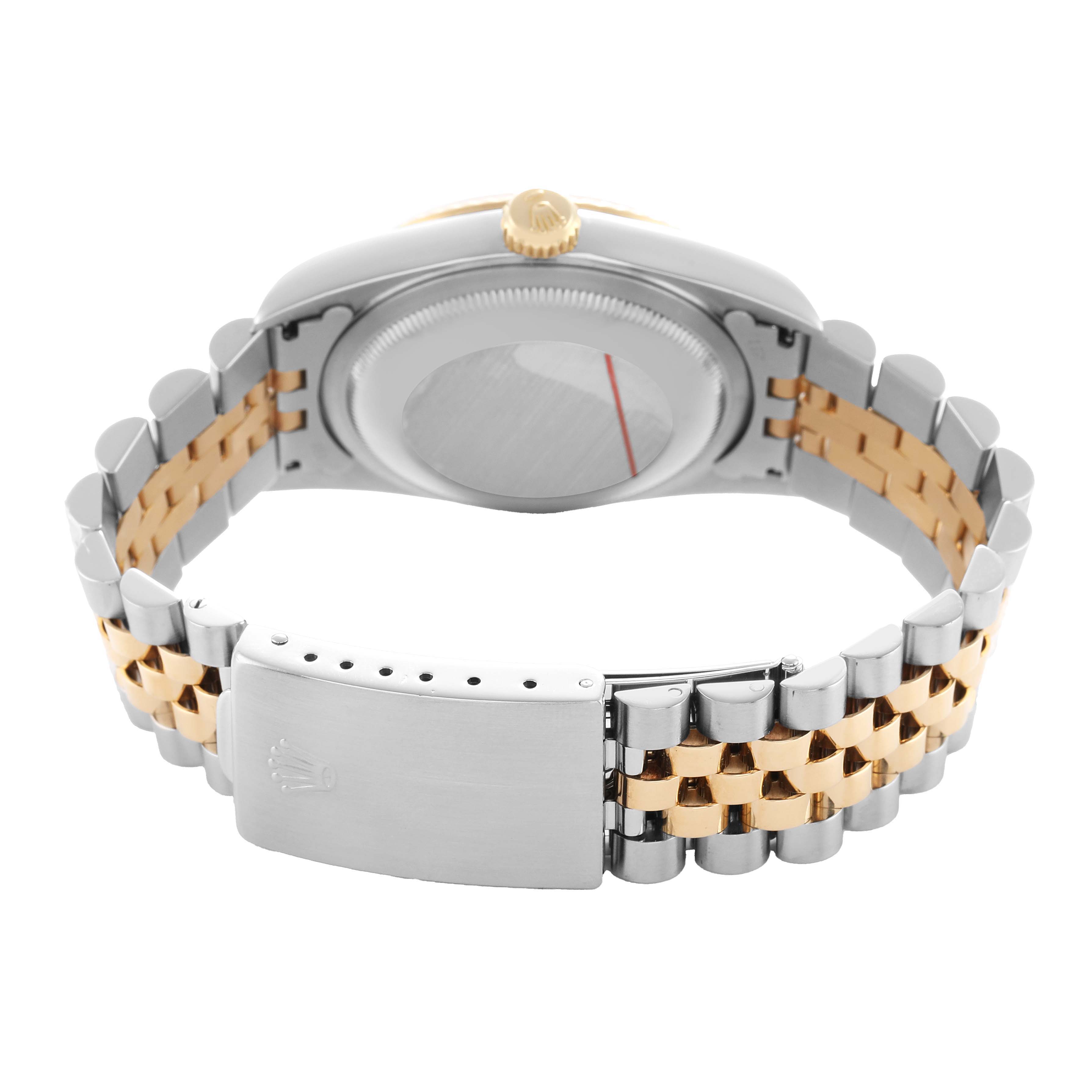 The image shows the back of a Rolex Datejust 16233 Men's Steel and Gold (two tone) White Dial, highlighting the clasp, bracelet, and case back.