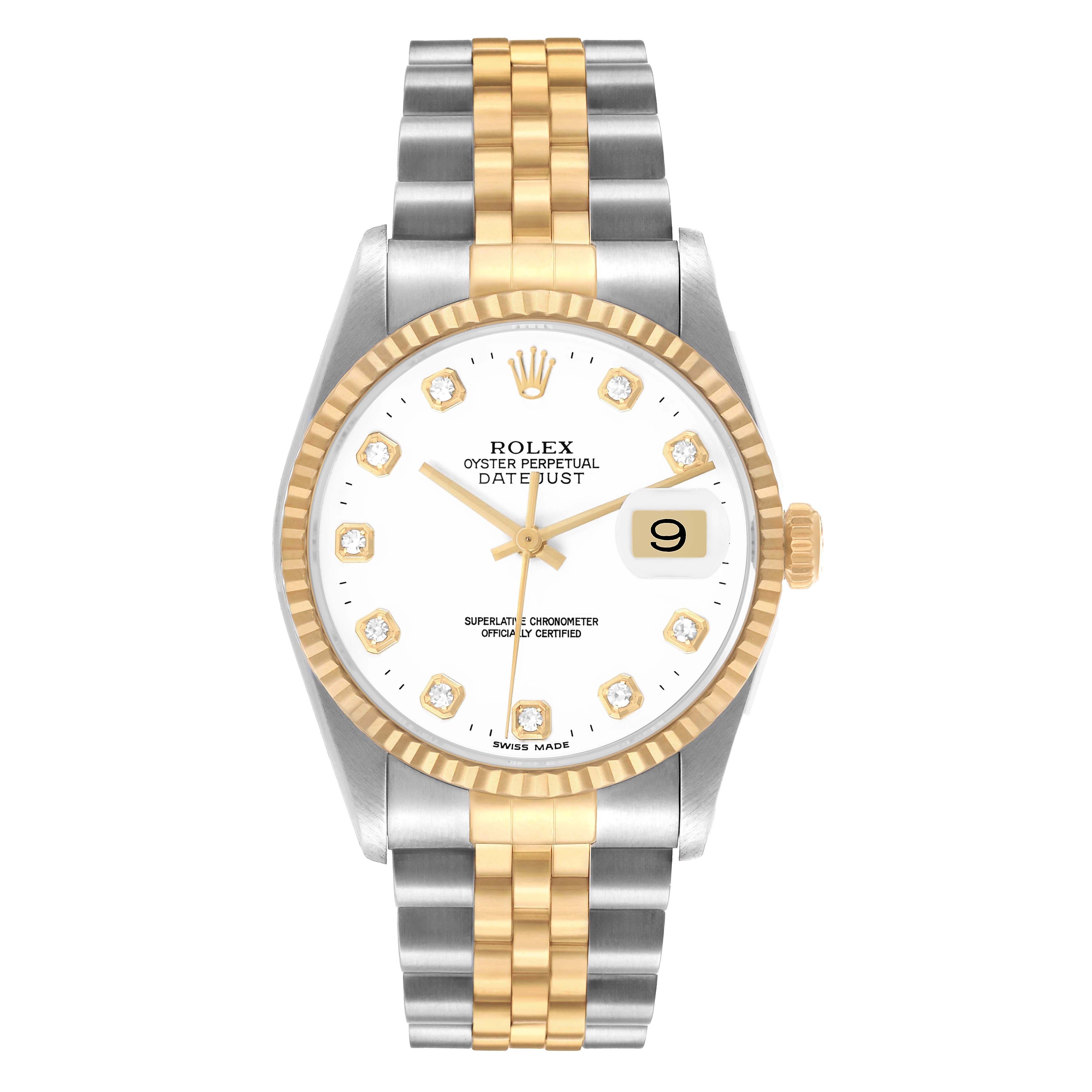 The Rolex Datejust 16233 Men's Steel and Gold (two tone) White Dial watch is shown from a front angle, highlighting the dial, bezel, and two-tone bracelet.