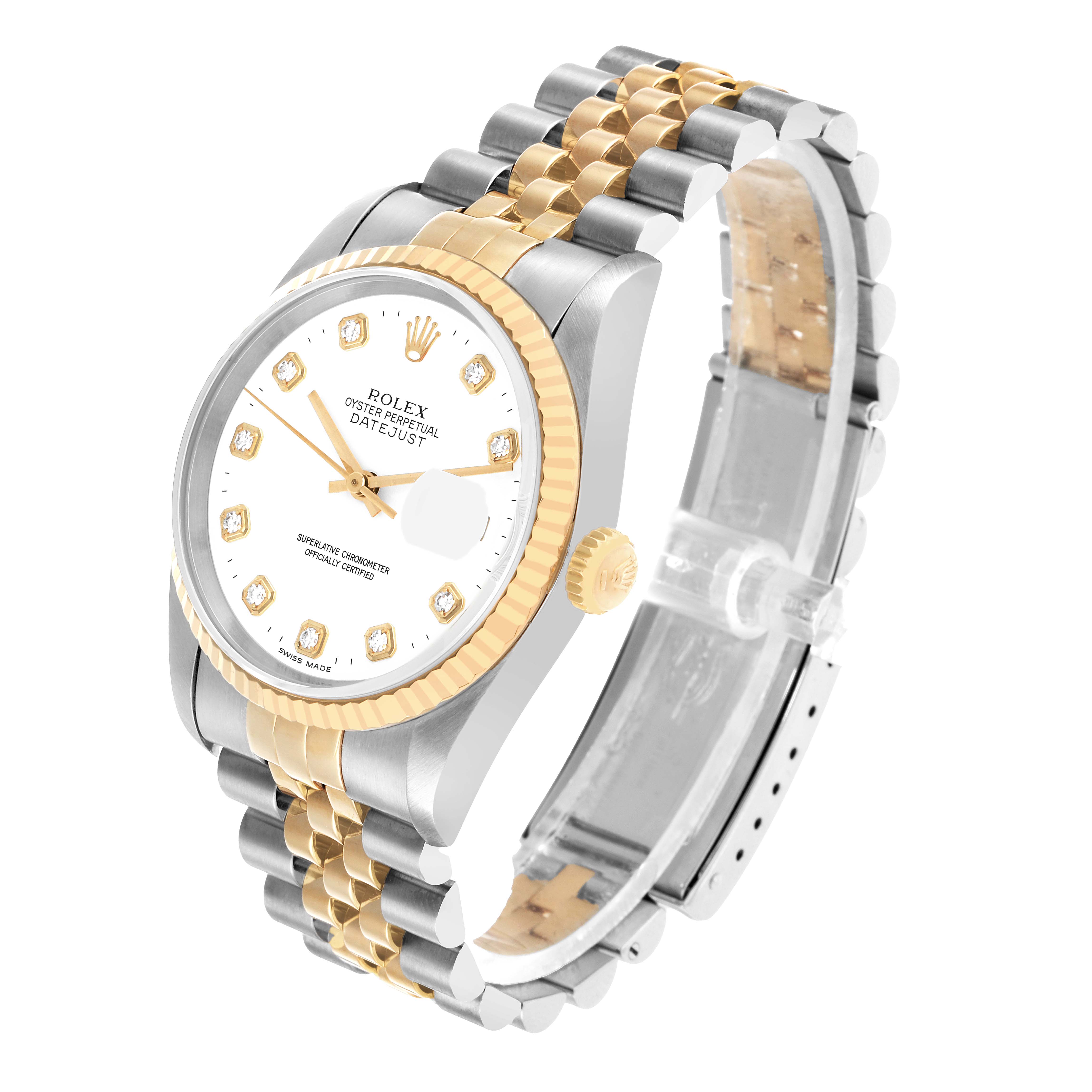 The Rolex Datejust 16233 Men's Steel and Gold (two tone) White Dial watch is shown at an angle displaying the face, bezel, and two-tone bracelet.