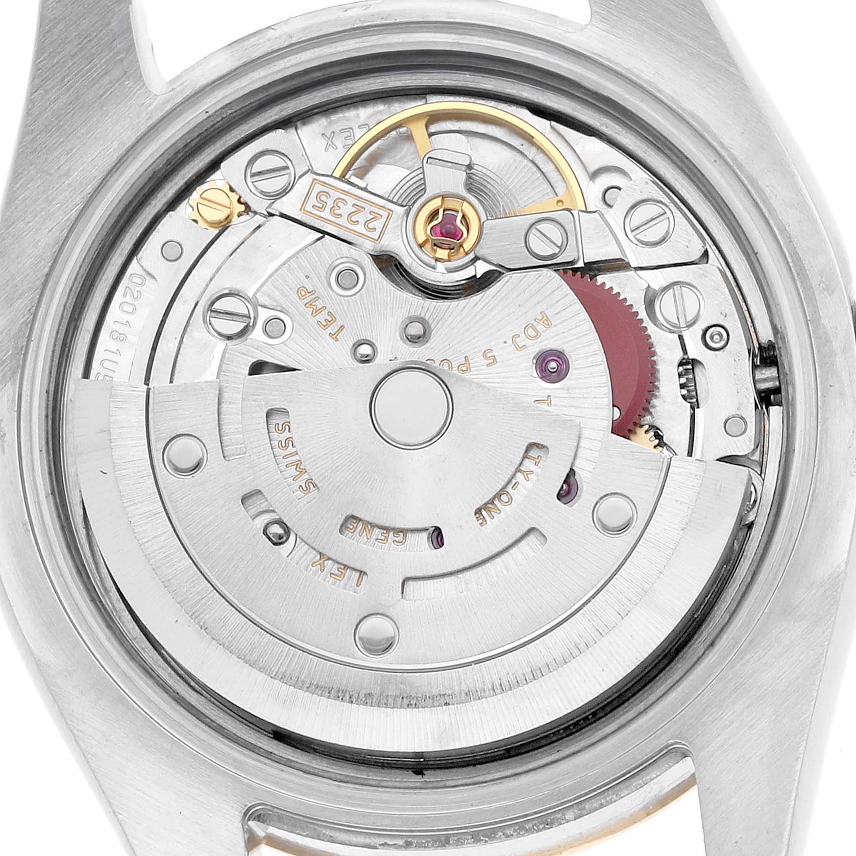 The image shows the movement of a Rolex Datejust 179173 Women's Steel and Gold (two tone) White Dial watch from a top-down angle, highlighting the rotor and various mechanical components.