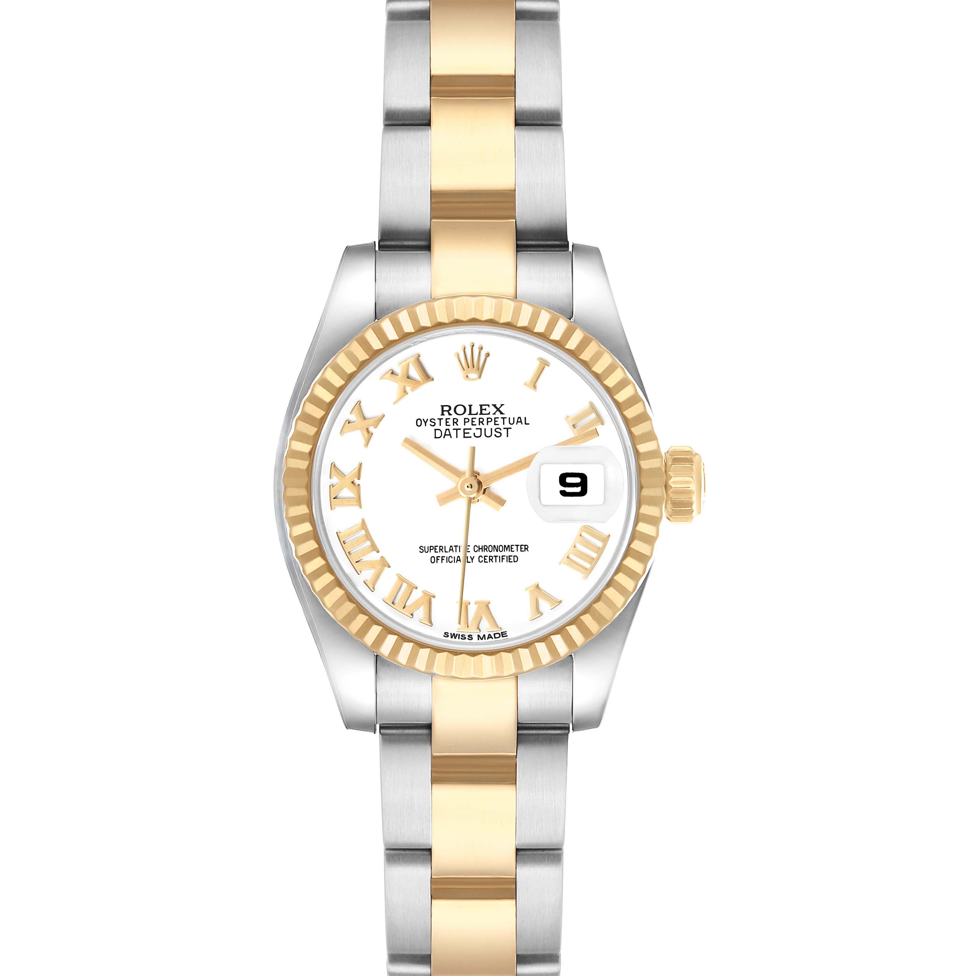 The image shows a Rolex Datejust 179173 Women's Steel and Gold (two tone) White Dial watch from the front, highlighting its gold and silver bracelet, fluted bezel, and Roman numeral dial.