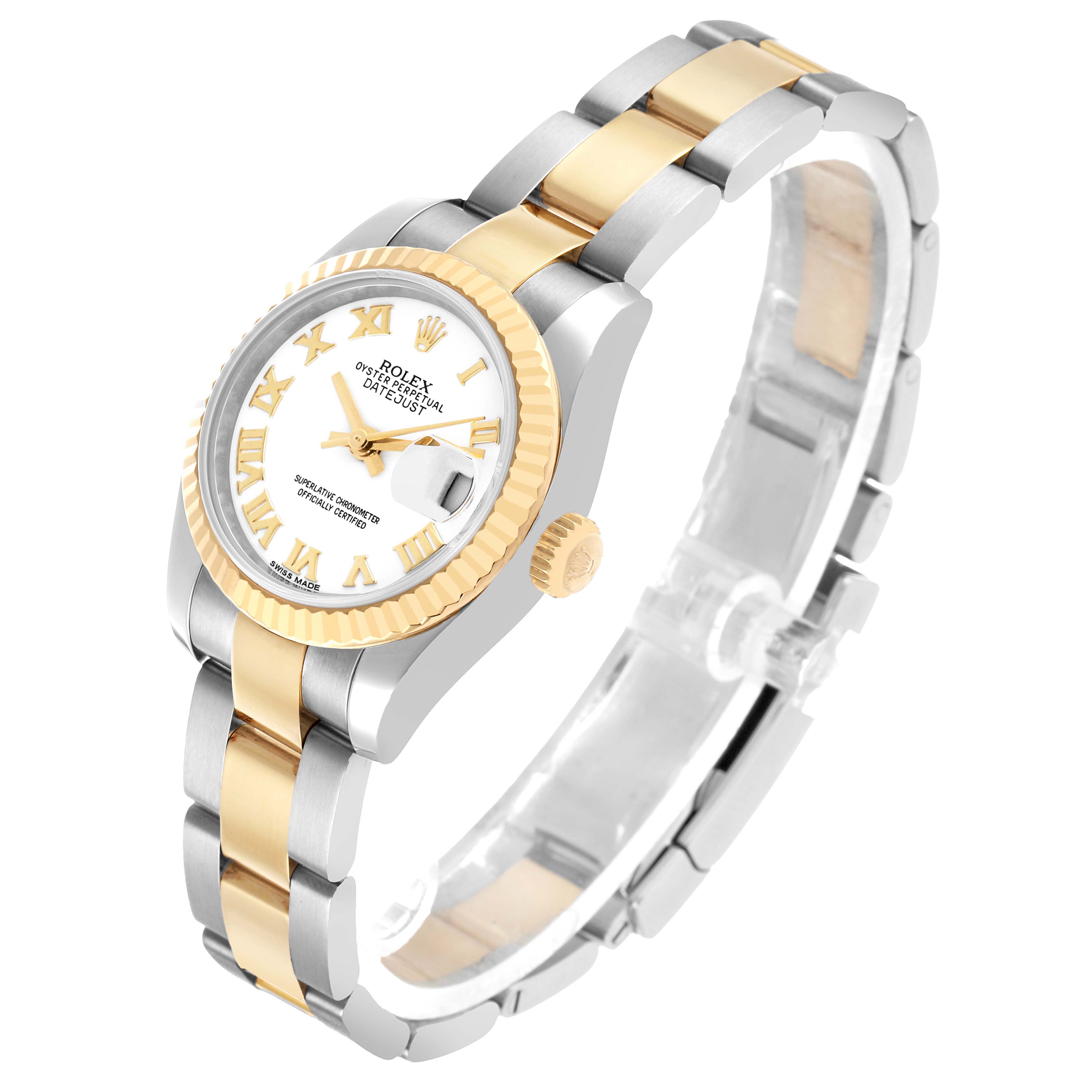 The Rolex Datejust 179173 Women's Steel and Gold (two tone) White Dial watch is shown at a three-quarter angle, displaying the face, bracelet, and crown.