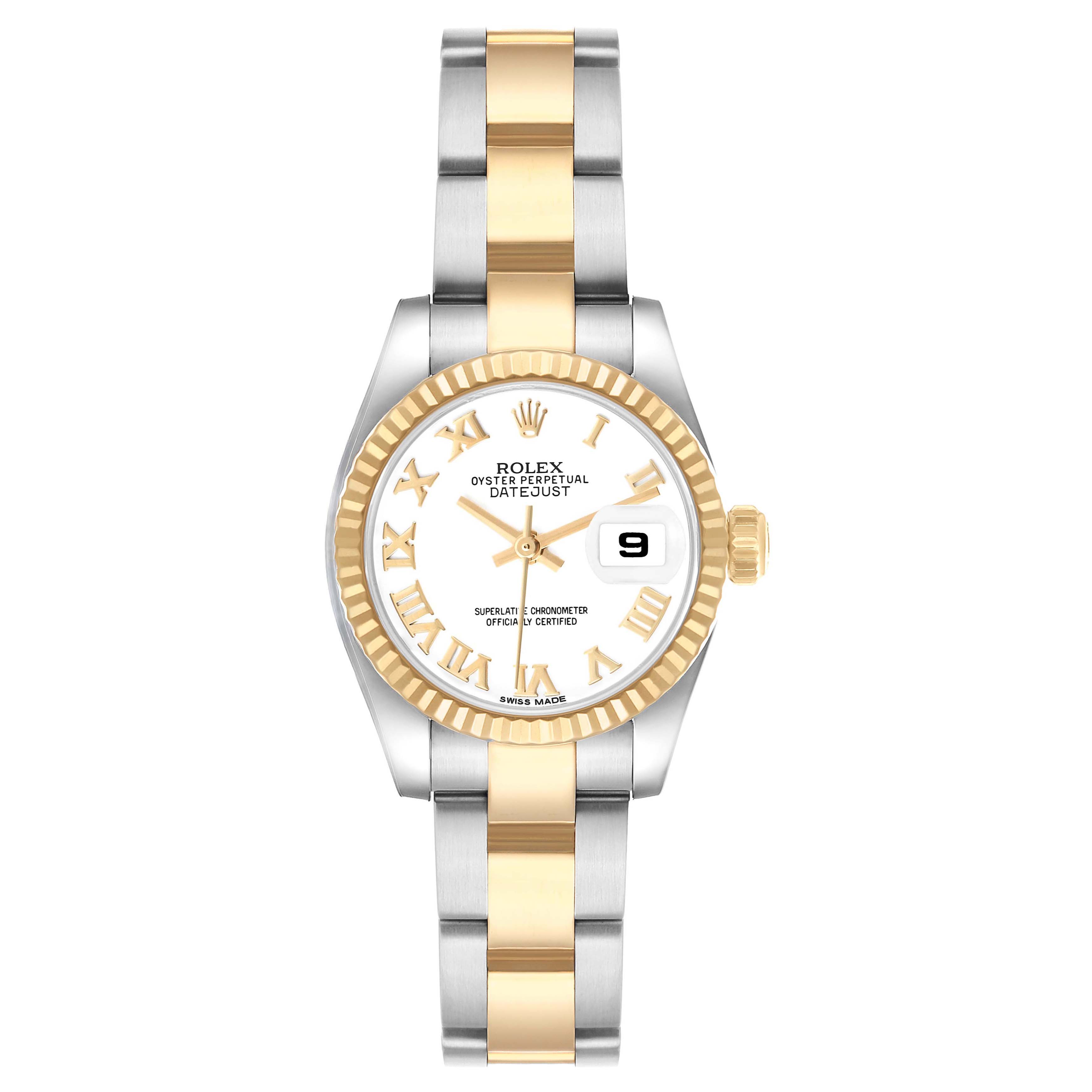 The Rolex Datejust 179173 Women's Steel and Gold (two tone) White Dial watch is shown from the front, highlighting the dial, bezel, and two-tone bracelet.