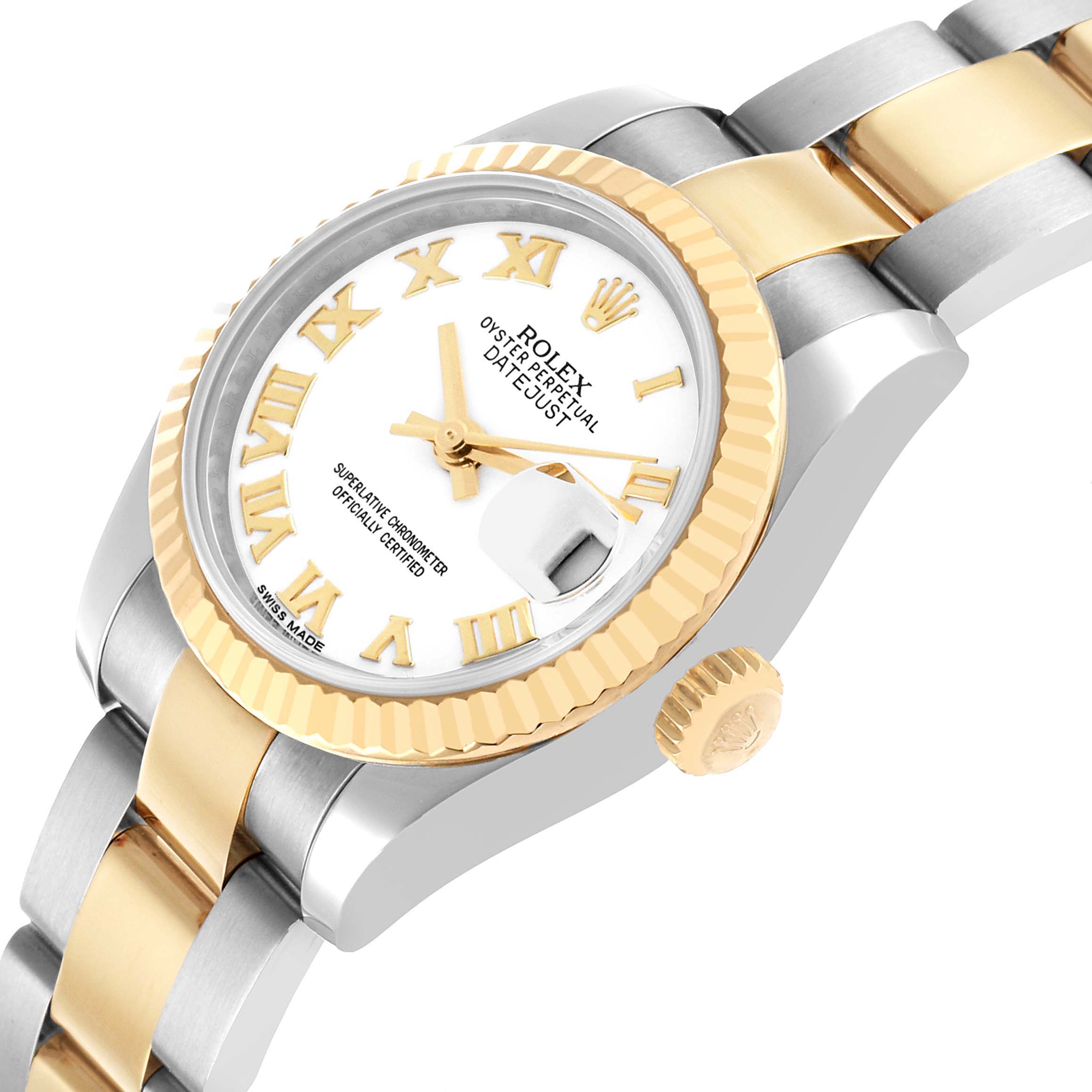 The Rolex Datejust 179173 Women's Steel and Gold (two tone) White Dial watch is shown at an angle highlighting the face, bezel, crown, and bracelet.