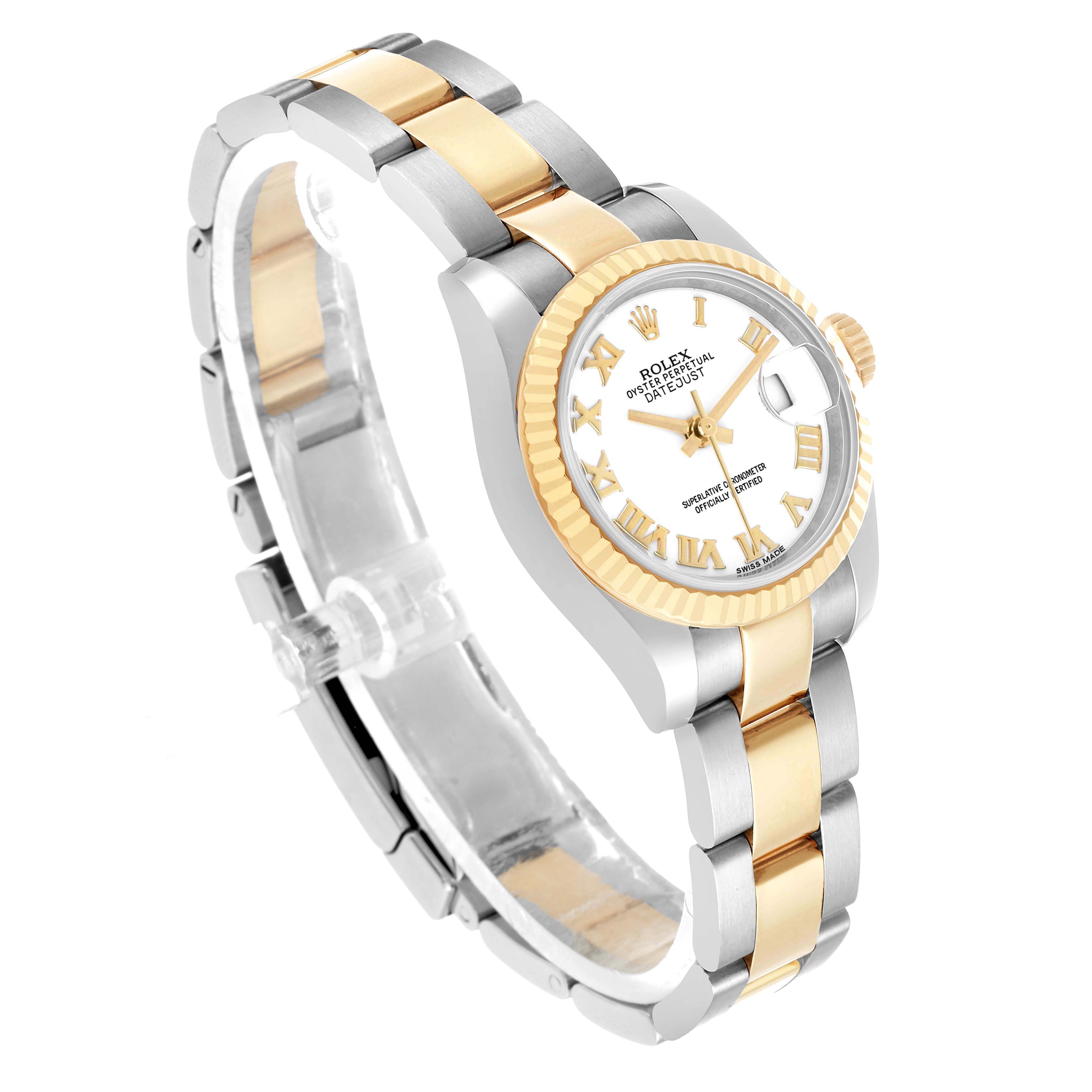 The Rolex Datejust 179173 Women's Steel and Gold (two tone) White Dial watch is shown at a three-quarter angle, highlighting the dial, bezel, and two-tone bracelet.