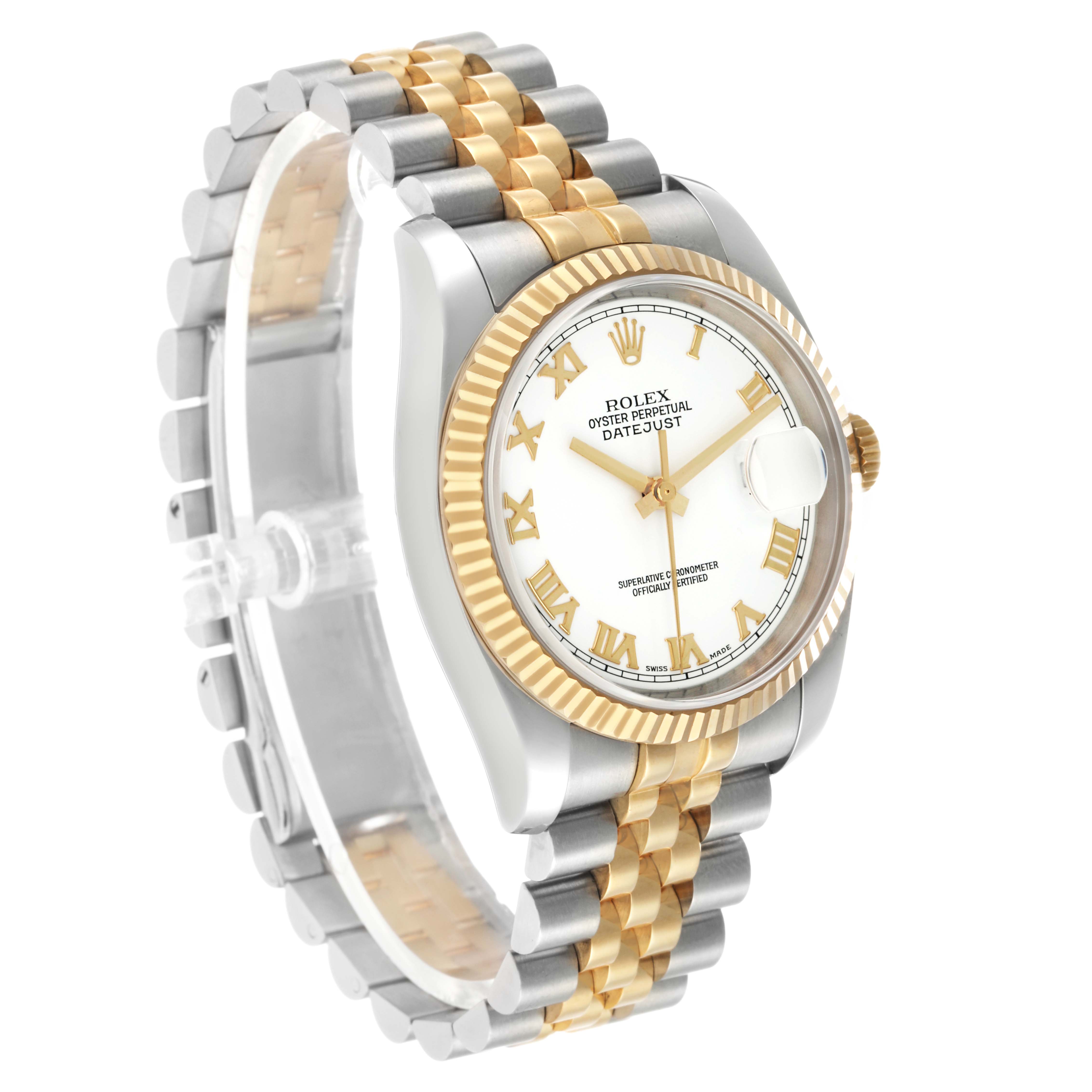 The Rolex Datejust 116233 Men's Steel and Gold (two tone) White Dial watch is shown at an angled view, displaying the face, fluted bezel, and two-tone Jubilee bracelet.