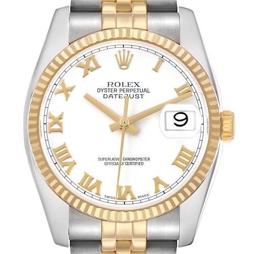 Photo of Rolex Datejust Steel Yellow Gold White Roman Dial Mens Watch 116233