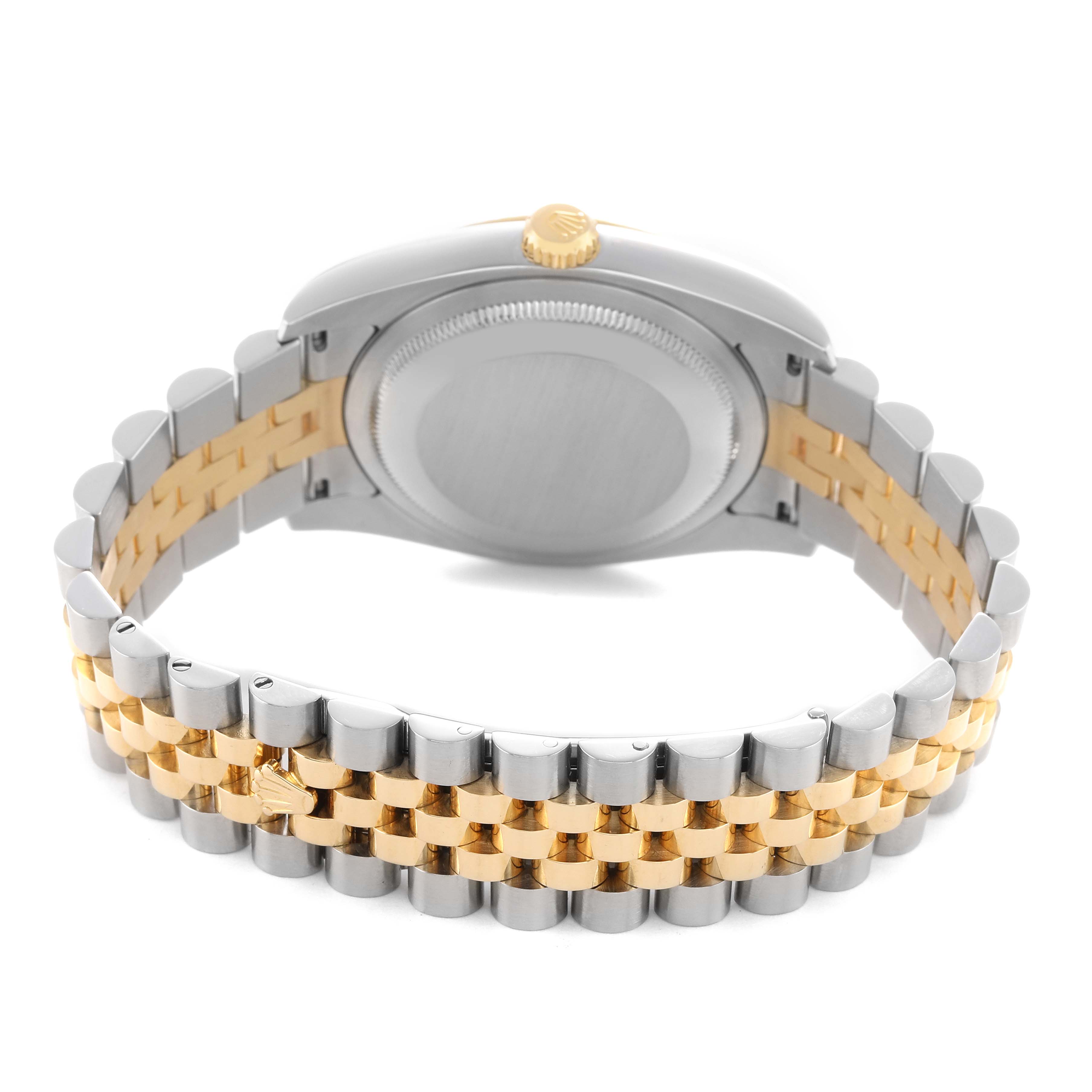 The image shows the back view of a Rolex Datejust 116233 Men's Steel and Gold (two tone) White Dial watch, highlighting the case back, crown, and two-tone bracelet.