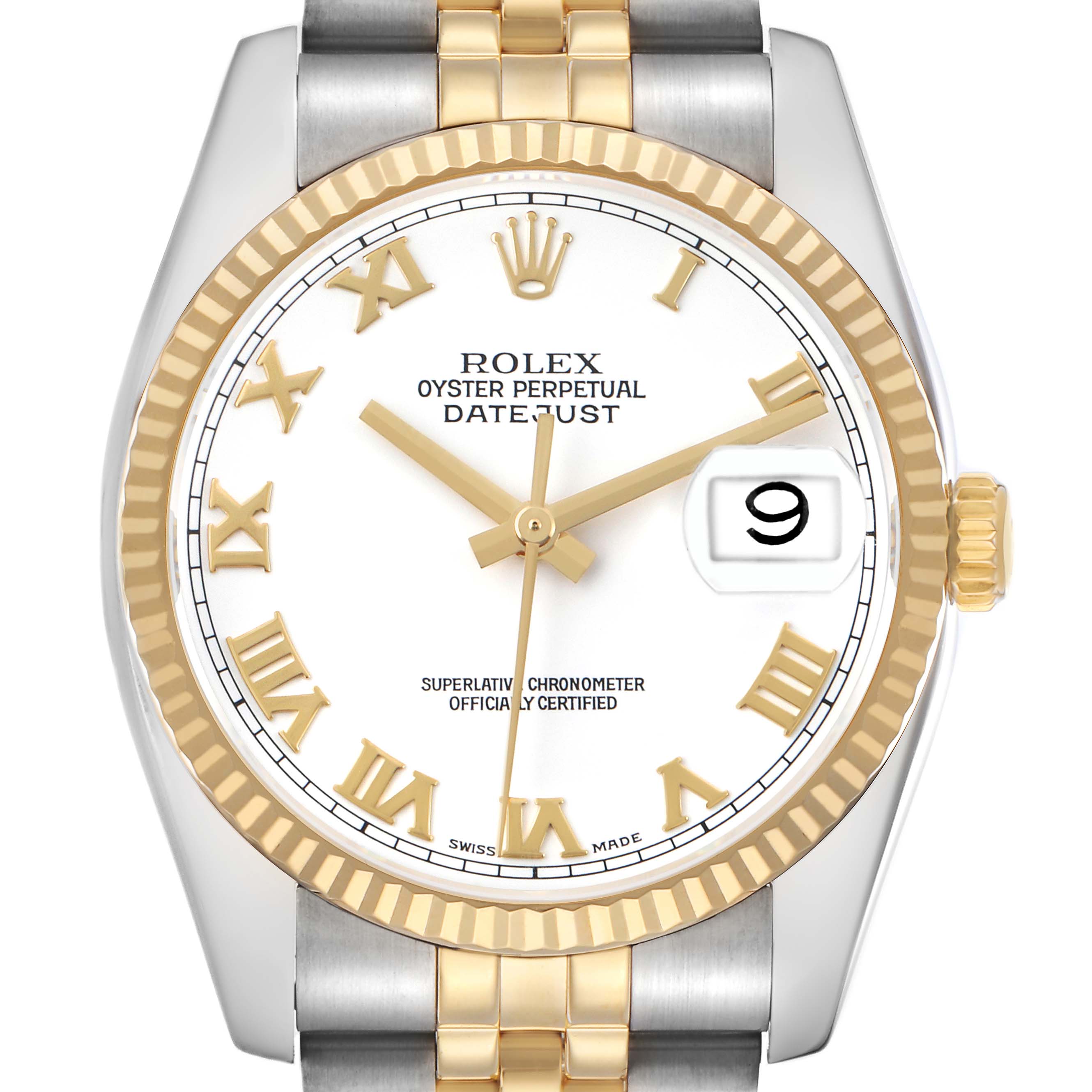 The image shows a front view of a Rolex Datejust 116233 Men's Steel and Gold (two tone) White Dial watch, highlighting its white dial, gold Roman numerals, and two-tone bracelet.