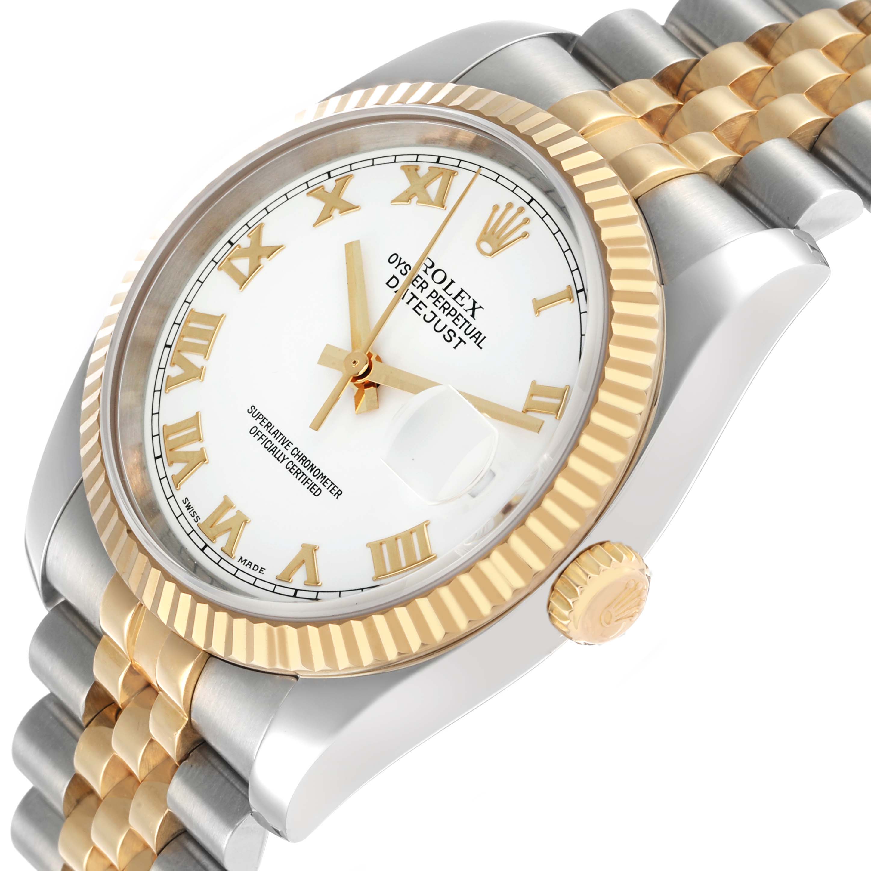 The Rolex Datejust 116233 Men's Steel and Gold (two tone) White Dial watch is shown at an angle highlighting the dial, bezel, and part of the bracelet.