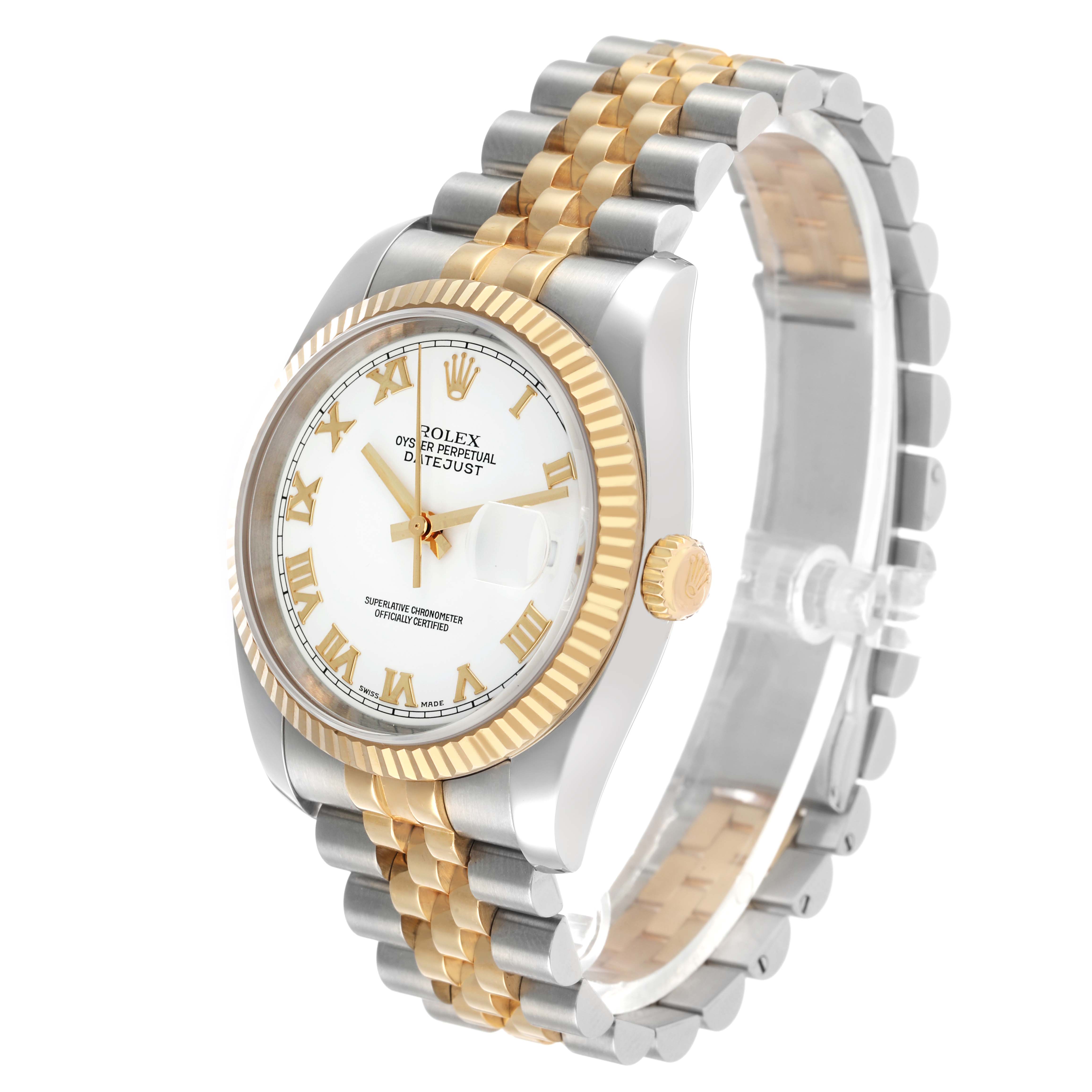 The Rolex Datejust 116233 Men's Steel and Gold (two tone) White Dial watch is shown at a three-quarter angle, highlighting the dial, fluted bezel, and two-tone Jubilee bracelet.