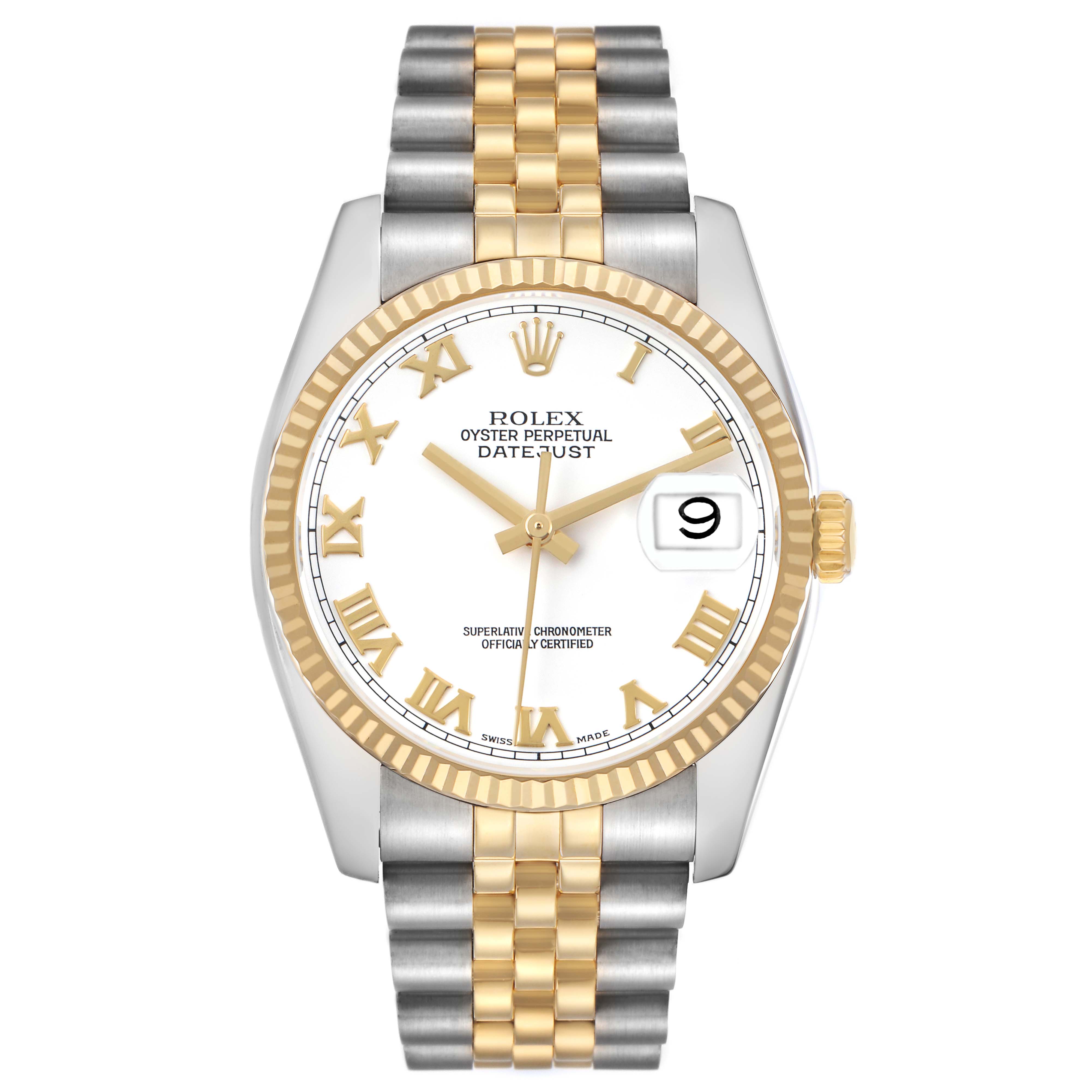 The Rolex Datejust 116233 Men's Steel and Gold (two tone) White Dial watch is shown from the front, featuring the face, Roman numerals, two-tone bracelet, and fluted bezel.