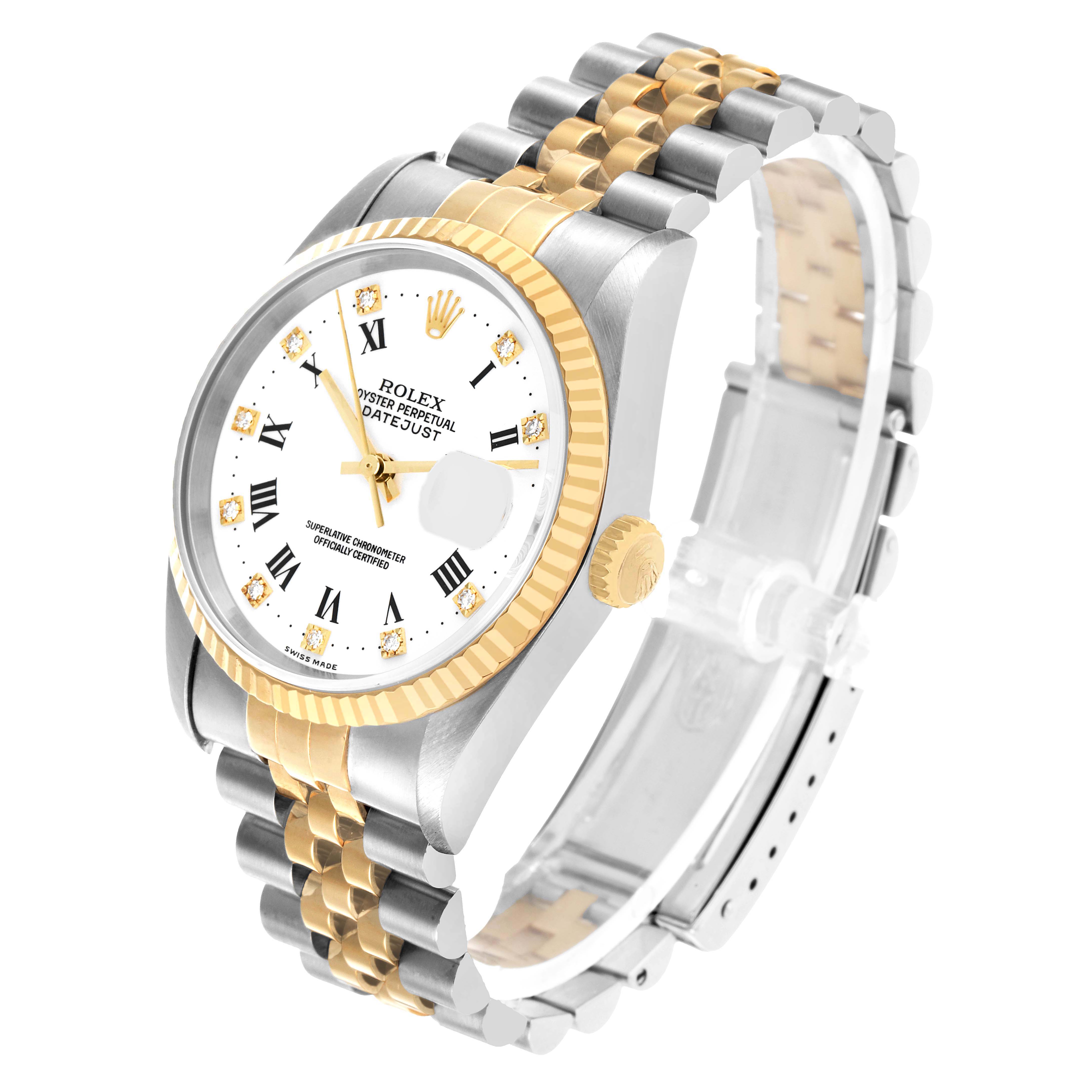 The Rolex Datejust 16233 Men's Steel and Gold (two tone) White Dial watch is shown at a slight angle, highlighting the face, bezel, crown, and two-tone bracelet.