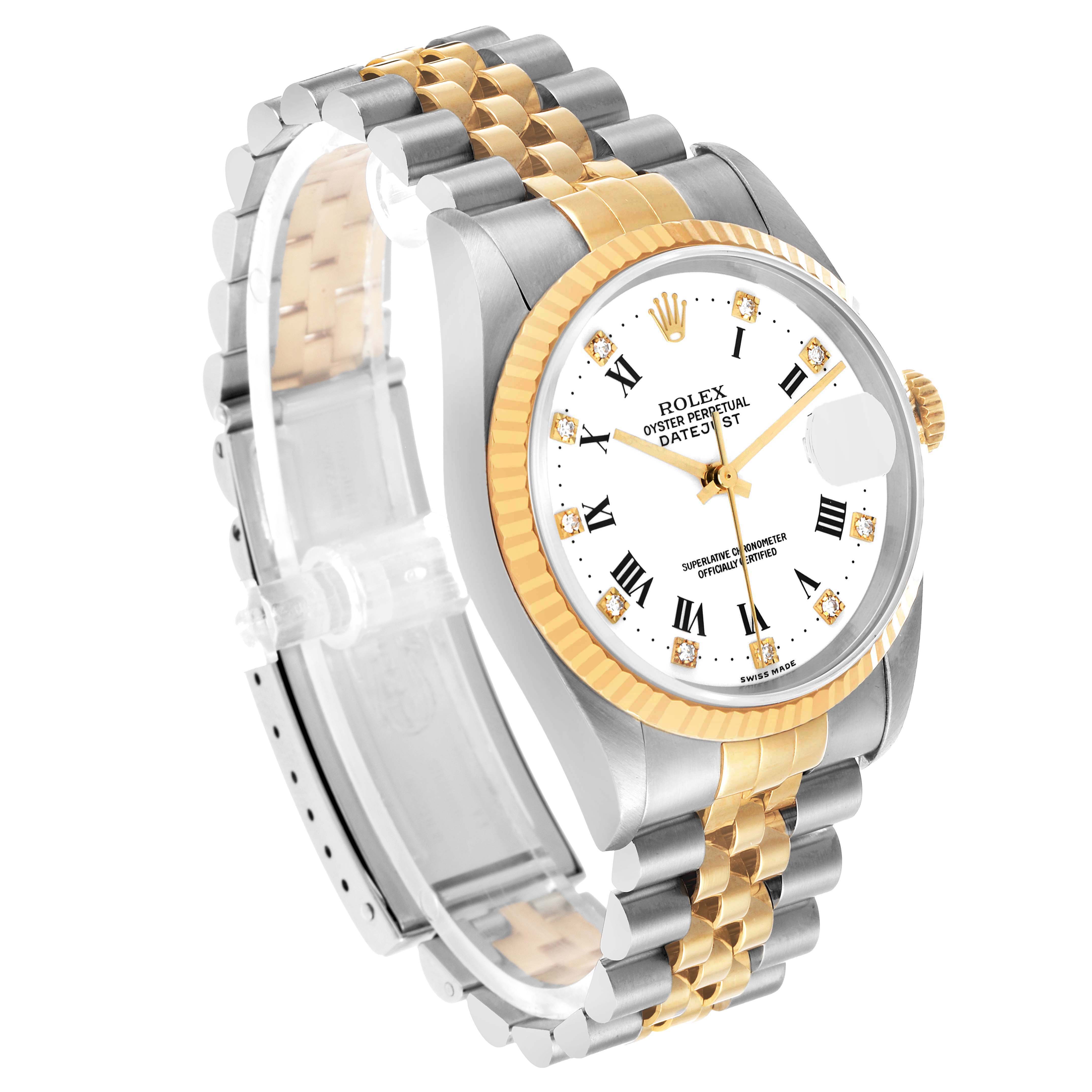 The Rolex Datejust 16233 Men's Steel and Gold (two tone) White Dial watch is shown at a three-quarter angle, highlighting the dial, bezel, and two-tone bracelet.
