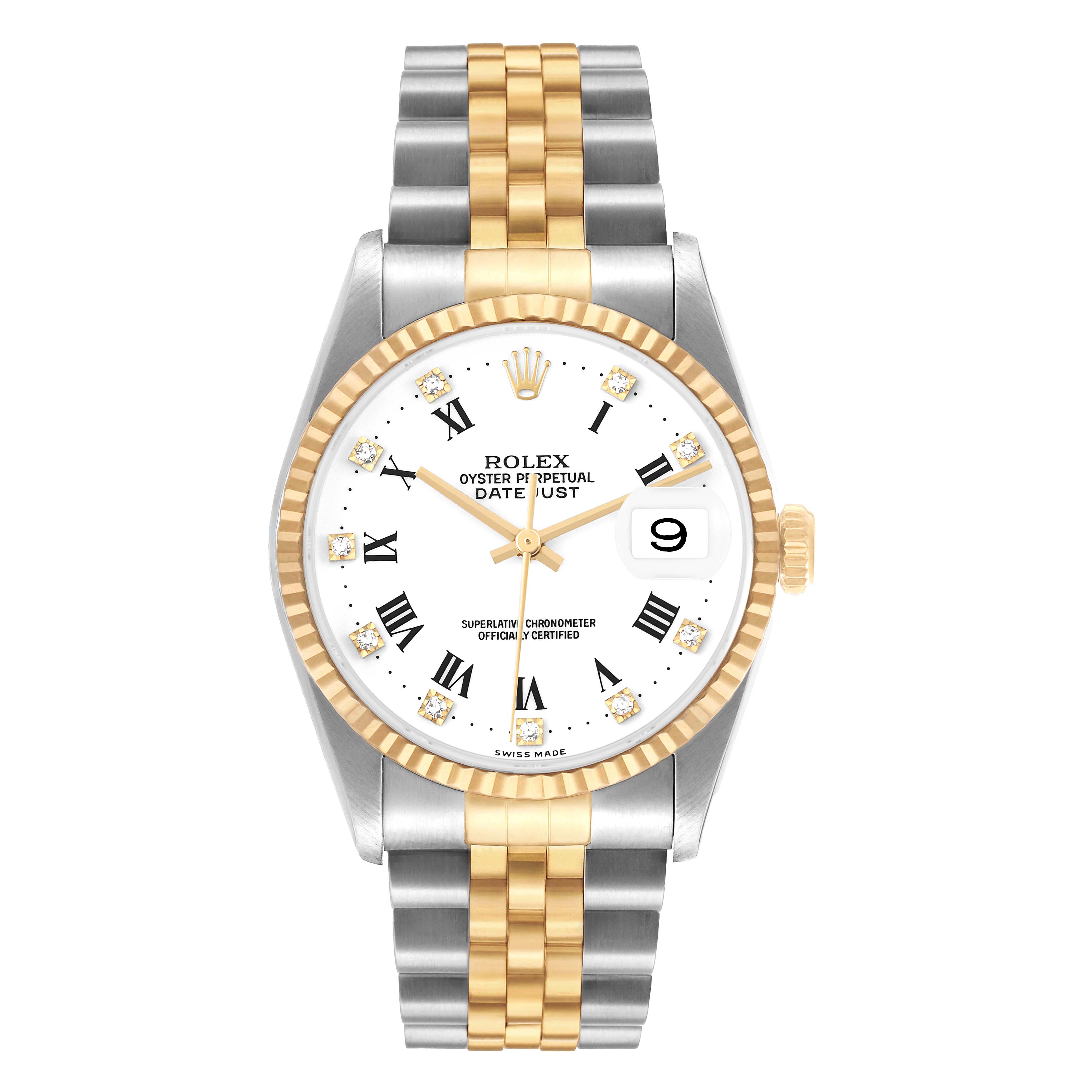 The image shows a Rolex Datejust 16233 Men's Steel and Gold (two tone) White Dial watch from a top view, highlighting the dial, fluted bezel, and two-tone bracelet.