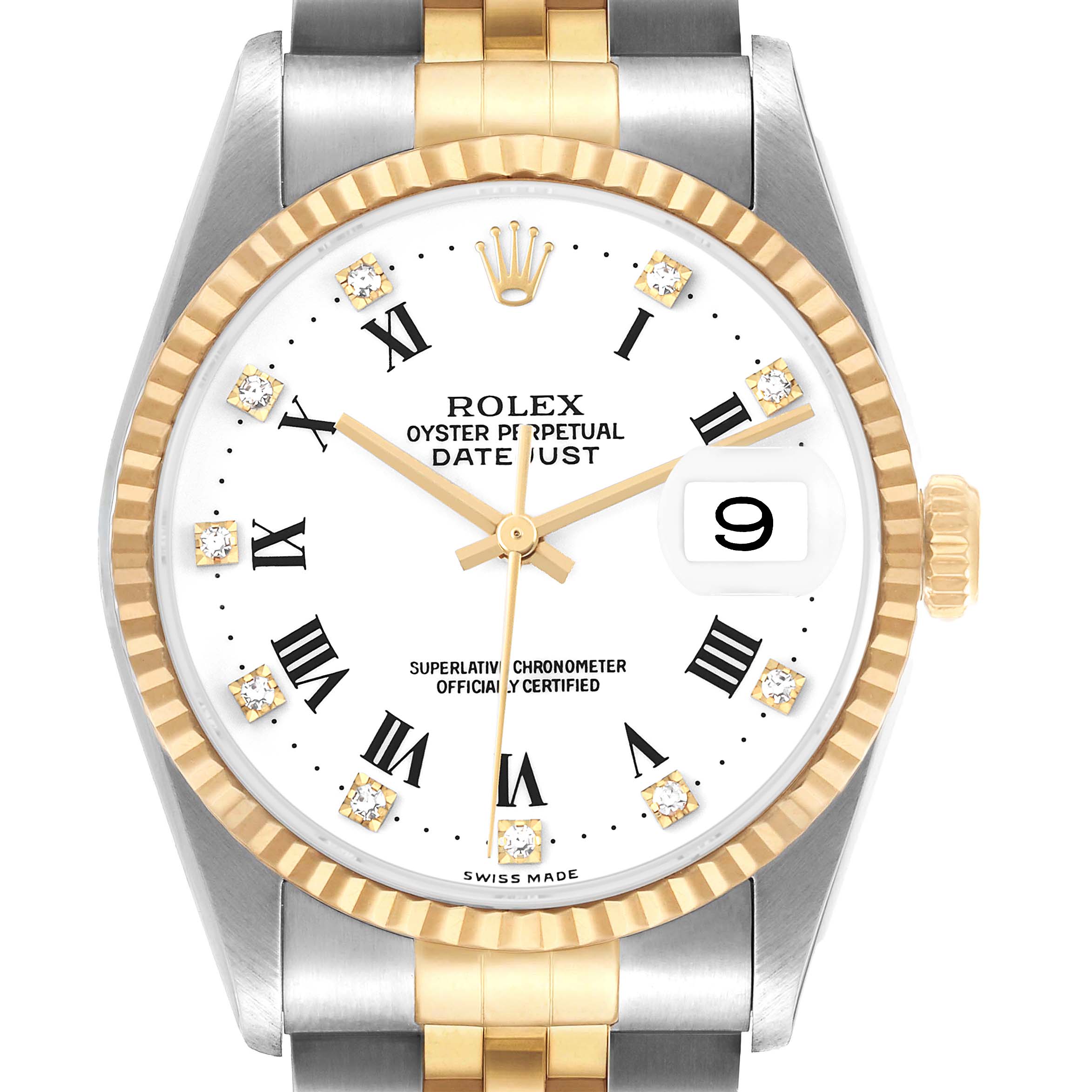 The image shows a front view of the Rolex Datejust 16233 Men's Steel and Gold (two tone) White Dial watch, highlighting its bezel, dial, and crown.