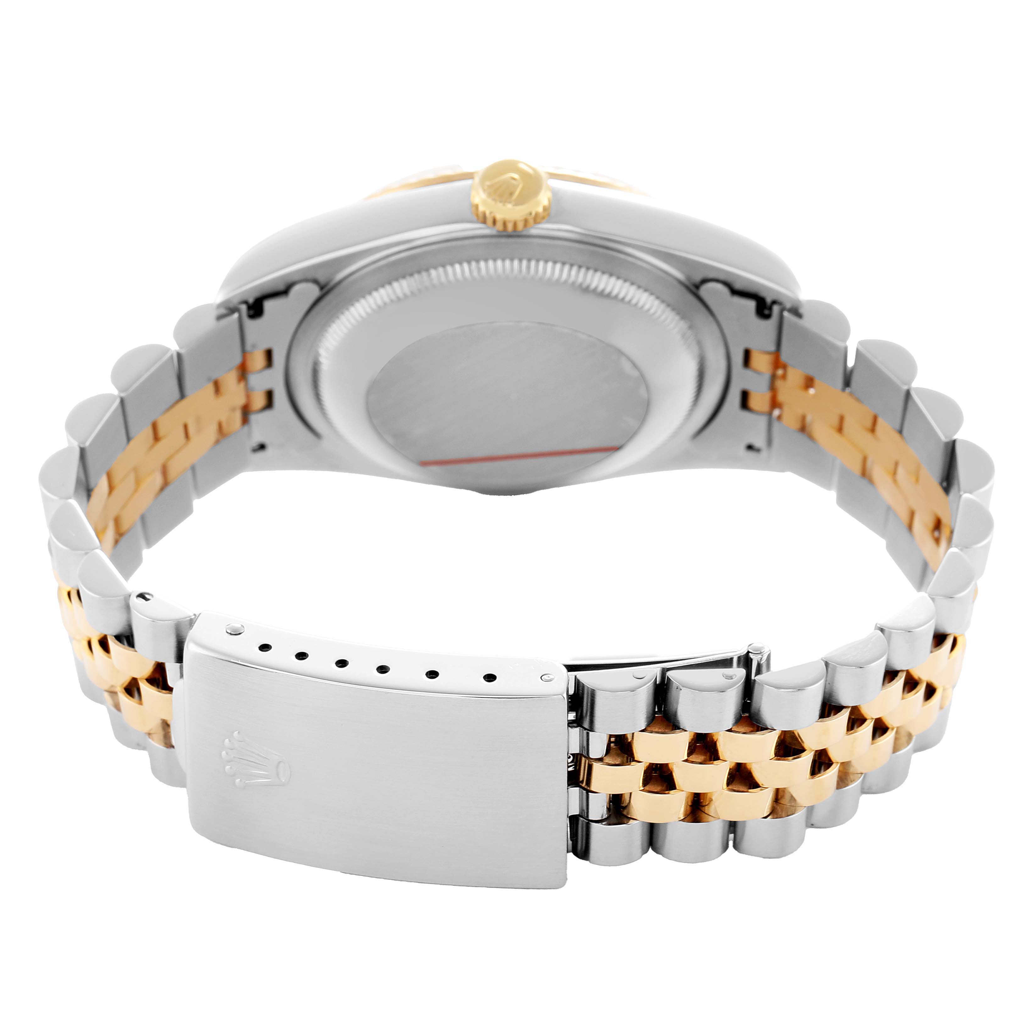 The image shows the back of a Rolex Datejust 16233 Men's Steel and Gold (two tone) White Dial, highlighting the case back, gold crown, and metal bracelet with clasp.