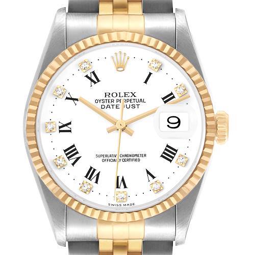 Photo of Rolex Datejust Steel Yellow Gold White Roman Diamond Mens Watch 16233