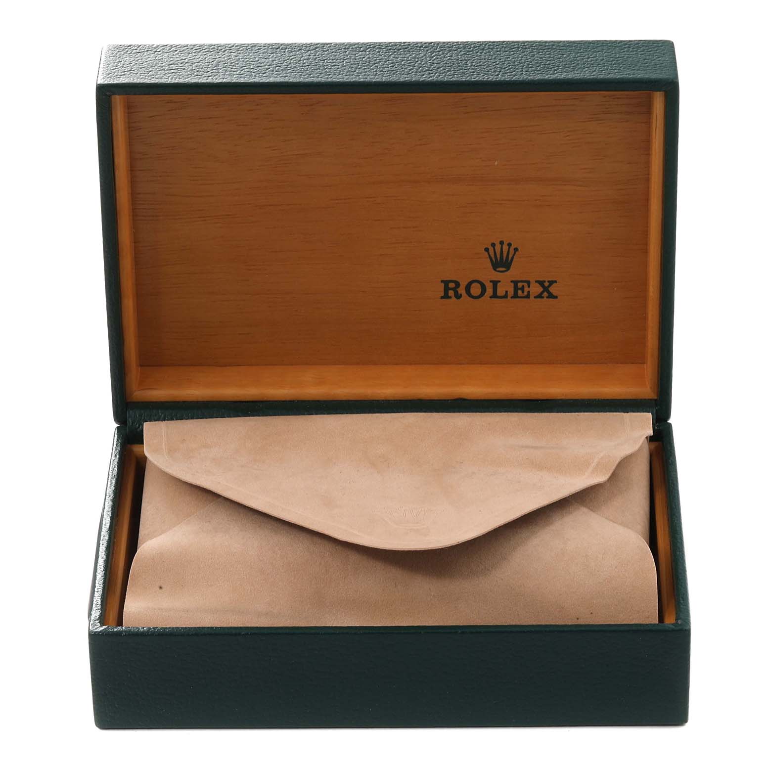 This image shows an open Rolex-branded box with a Turn-o-Graph watch pouch inside.