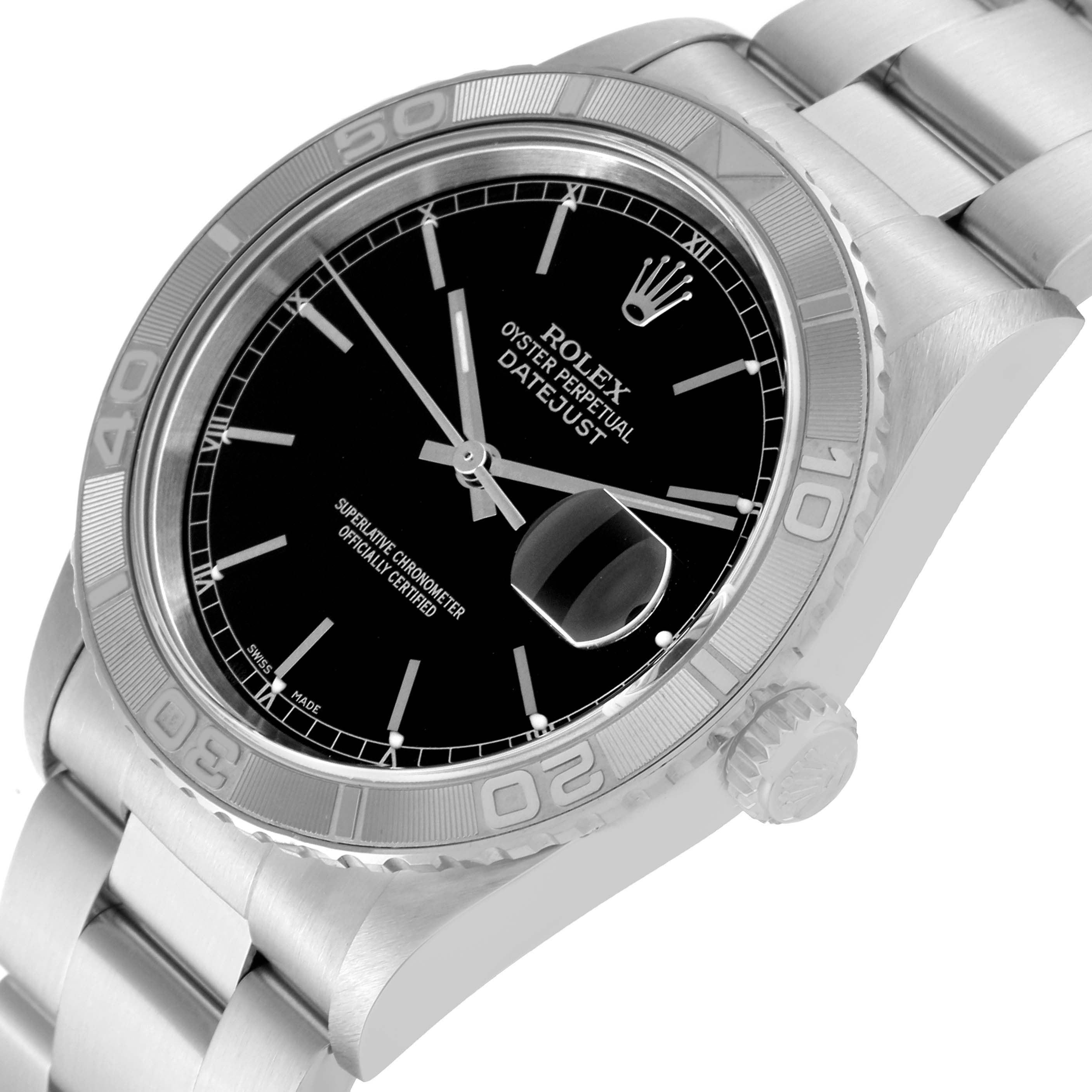The image shows a close-up, angled view of the Rolex Turn-o-Graph 16264 Men
s Stainless Steel Black Dial 16264 Men
s Stainless Steel Black Dial watch, highlighting the face, bezel, and part of the bracelet.