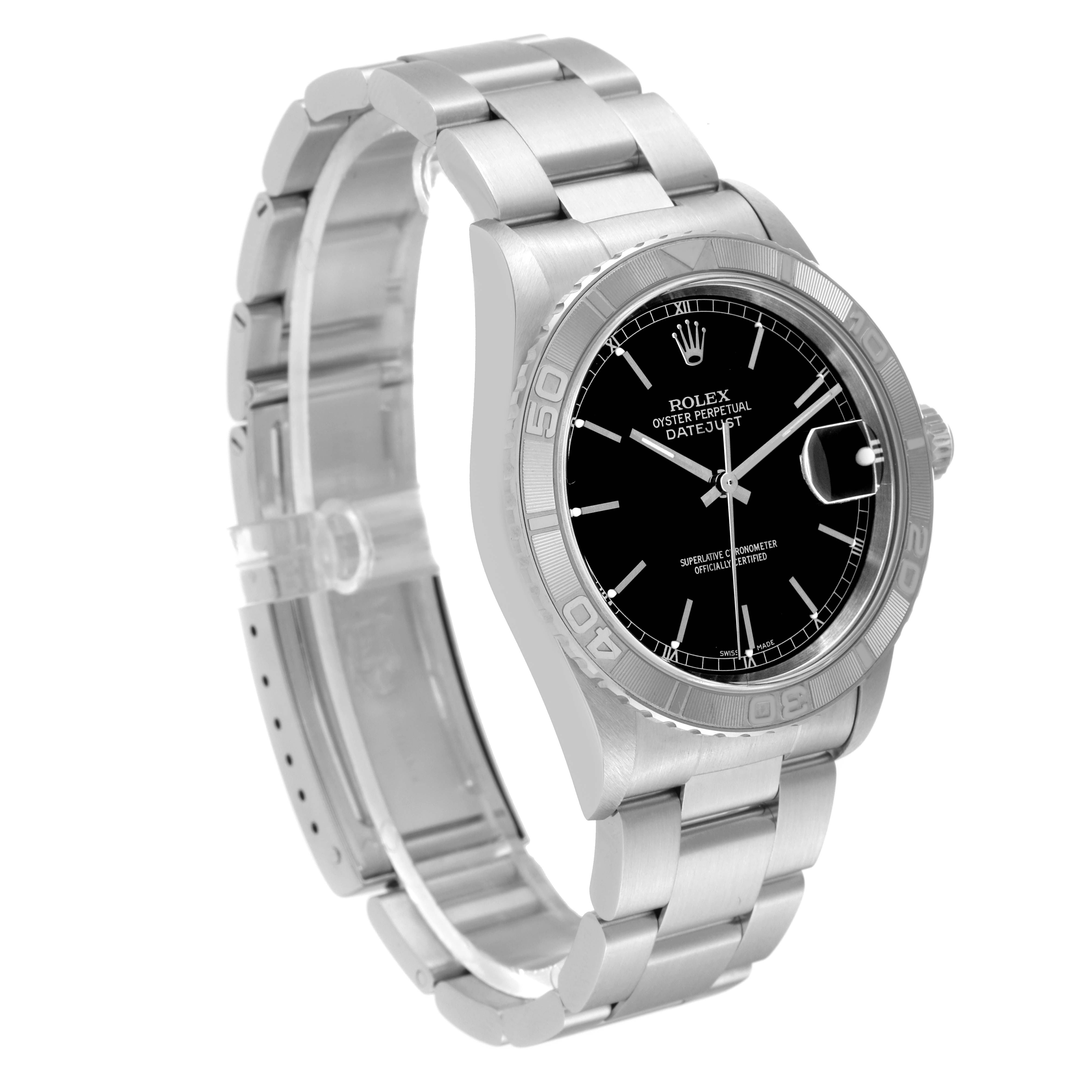 This is a side-angle view of the Rolex Turn-o-Graph 16264 Men
s Stainless Steel Black Dial 16264 Men
s Stainless Steel Black Dial, showing the face, bezel, and part of the bracelet.