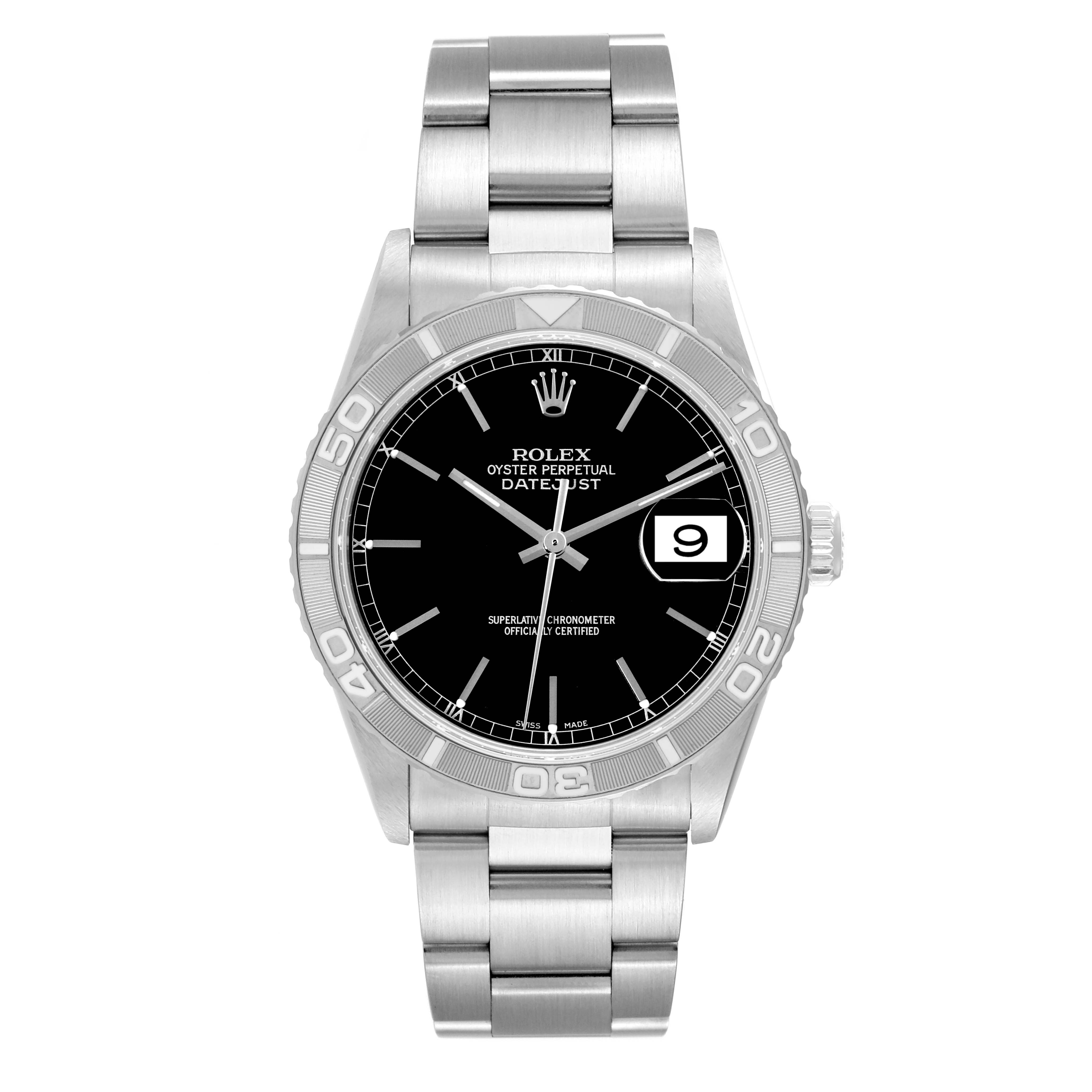 The image shows a front view of a Rolex Turn-o-Graph 16264 Men
s Stainless Steel Black Dial 16264 Men
s Stainless Steel Black Dial watch, highlighting its face, bezel, and metal bracelet.