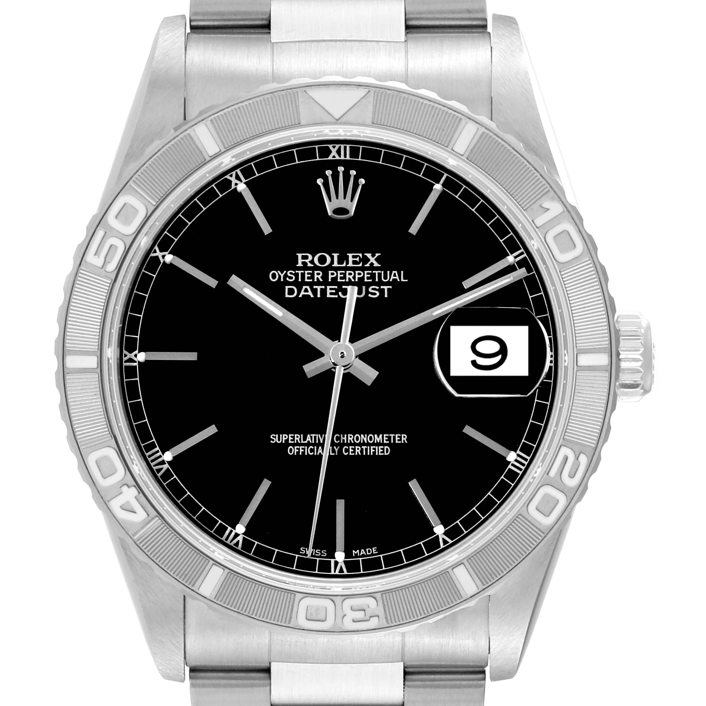 This image shows a frontal view of the Rolex Turn-o-Graph 16264 Men
s Stainless Steel Black Dial 16264 Men
s Stainless Steel Black Dial watch displaying its dial, bezel, and part of the bracelet.