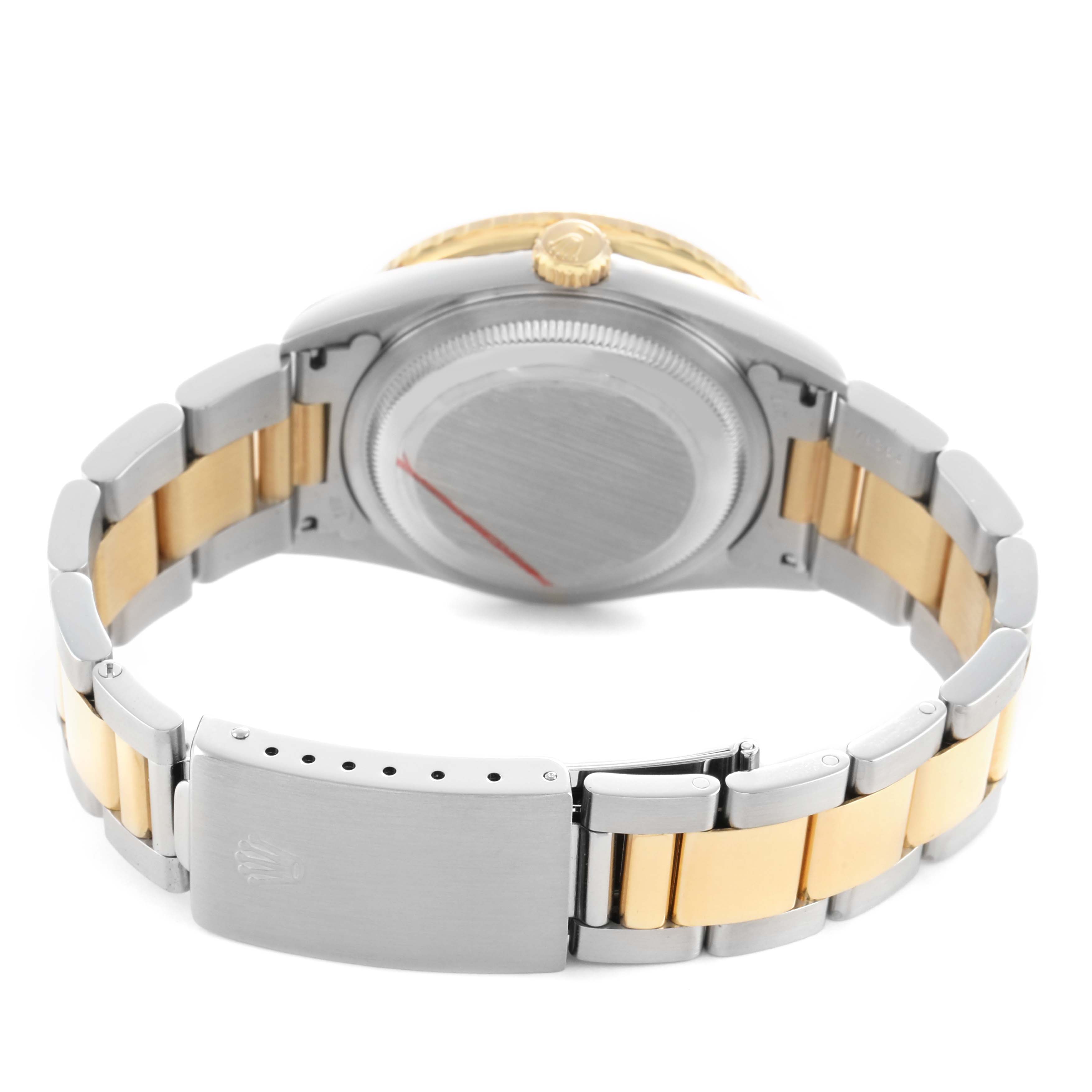 The Rolex Turn-o-Graph 16263 Men's Steel and Gold (two tone) Champagne Dial watch is shown from the back, highlighting the clasp, bracelet, and case back.