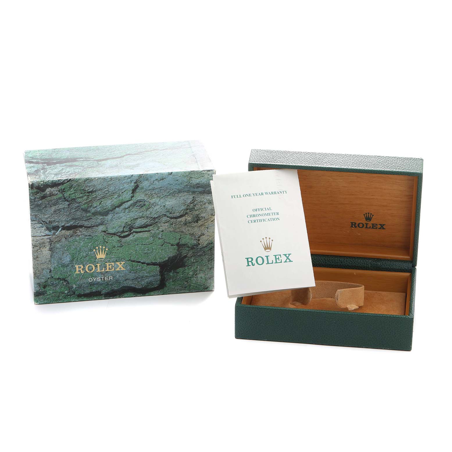 The image shows a Rolex Turn-o-Graph 16263 Men's Steel and Gold (two tone) Champagne Dial box and warranty booklet, with the box open to display its interior.