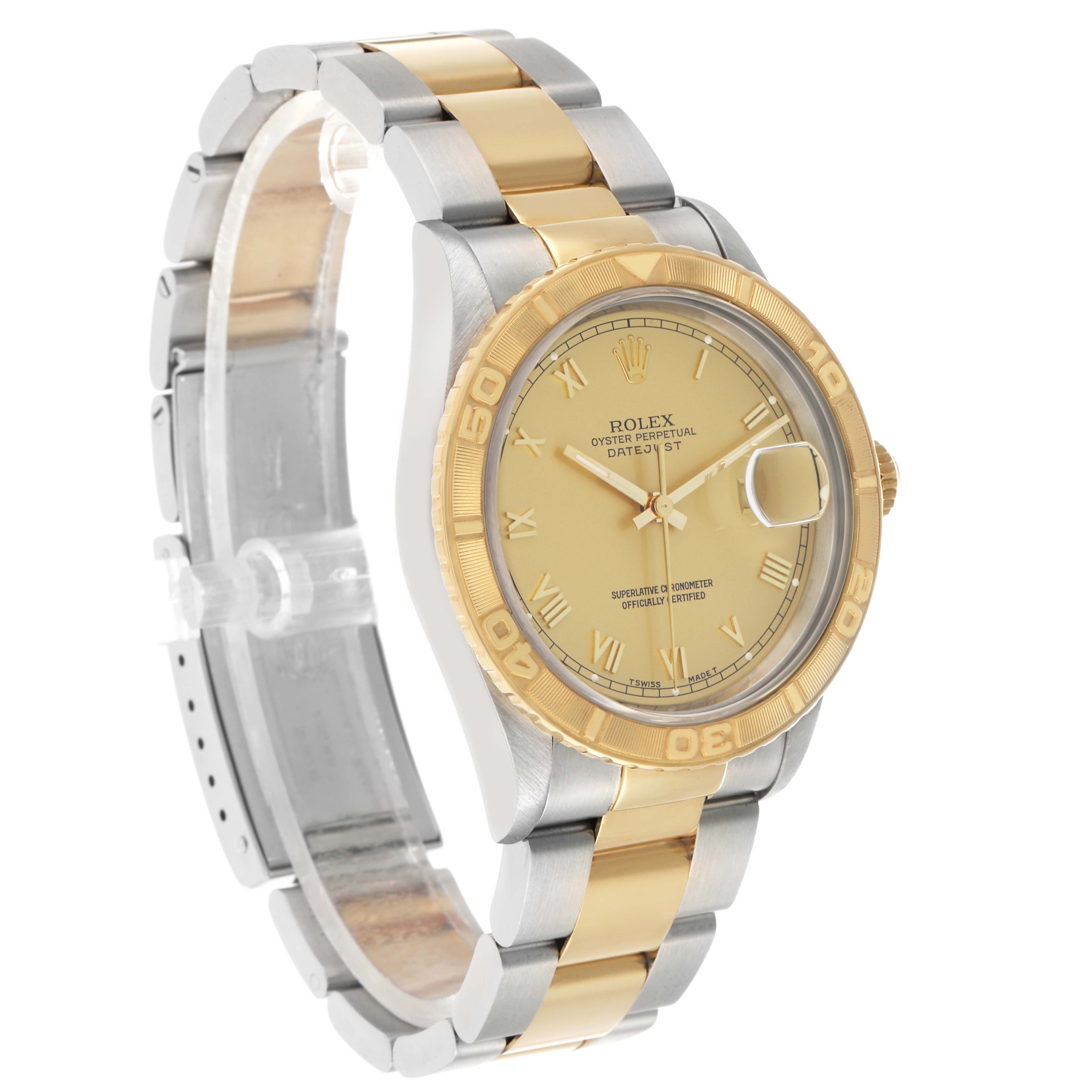 The Rolex Turn-o-Graph 16263 Men's Steel and Gold (two tone) Champagne Dial watch is shown at a three-quarter angle, highlighting its two-tone bracelet and gold bezel.